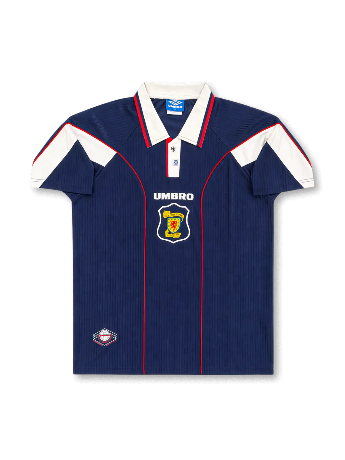 Front view of Scotland 1998 World Cup home shirt with navy body, white shoulder panels, red piping, fold-over collar, and Scotland crest.