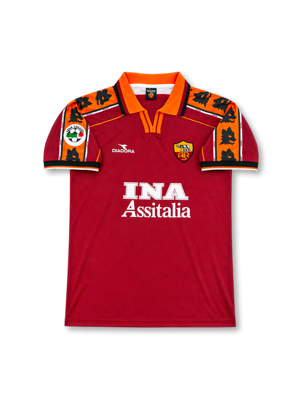Front view of AS Roma 1998-99 home shirt with red body, orange collar, wolf-pattern shoulder panels, INA Assitalia sponsor, and club crest.