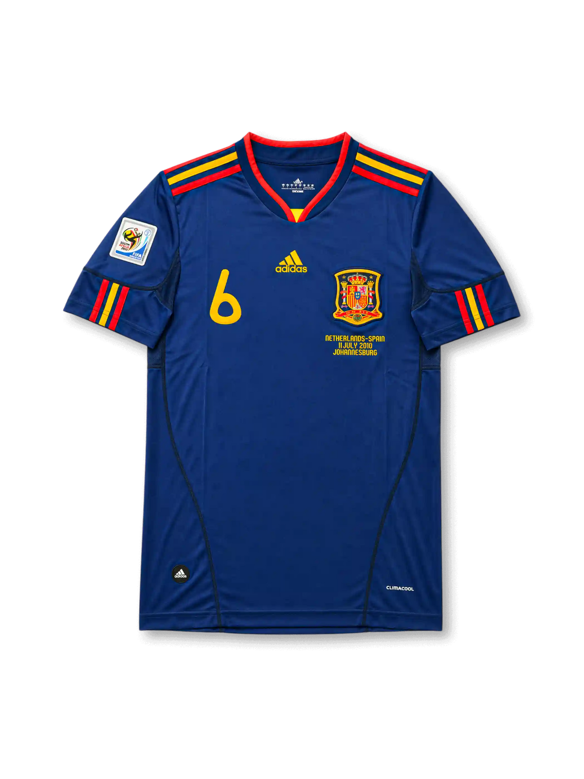 Front view of Spain 2010 World Cup Final away shirt with navy body, Spain crest, #6 chest number, South Africa 2010 sleeve patch, and Netherlands-Spain final embroidery.