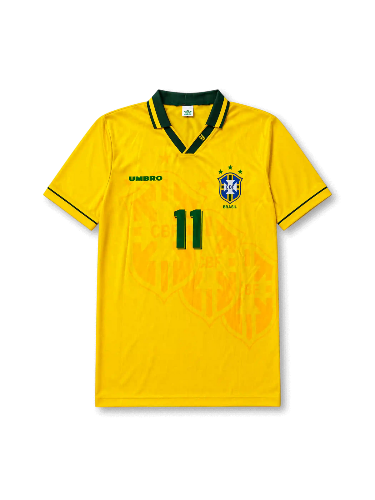 Front view of Brazil 1994 World Cup home shirt with yellow body, green collar trim, Brazil crest, #11 chest number, and tonal crest pattern.