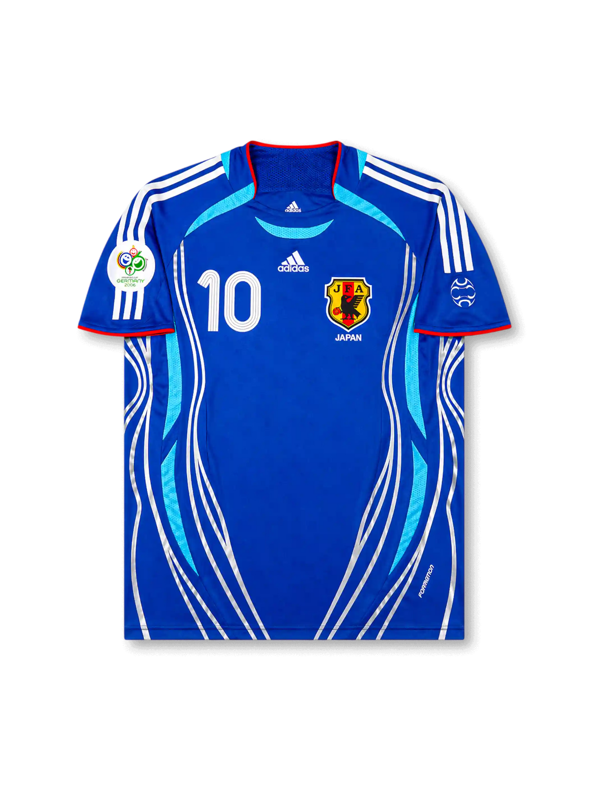 Front view of Japan 2006 World Cup home shirt with blue body, Japan crest, #10 chest number, Germany 2006 tournament patch, and white side graphics.