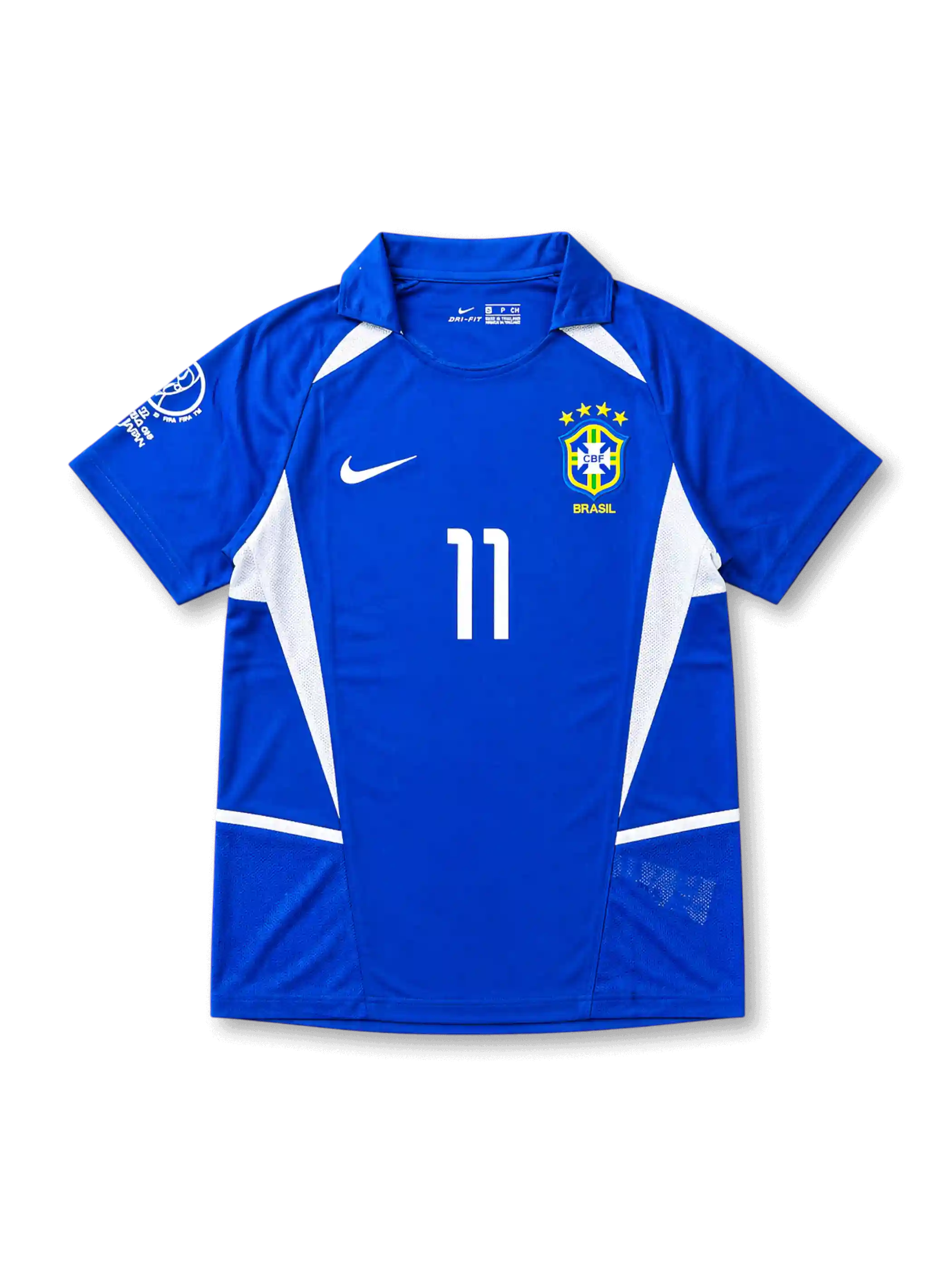 Front view of Brazil 2002 World Cup away shirt with blue body, white side panels, Brazil crest, #11 chest number, and Korea/Japan 2002 sleeve detail.