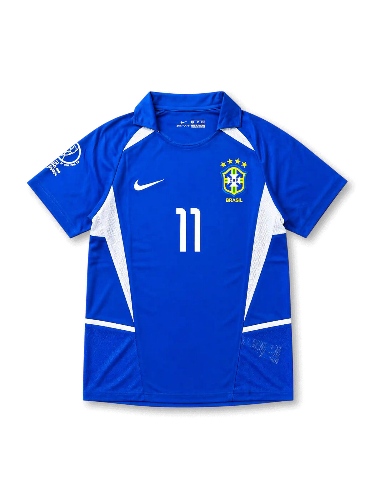 Front view of Brazil 2002 World Cup away shirt with blue body, white side panels, Brazil crest, #11 chest number, and Korea/Japan 2002 sleeve detail.