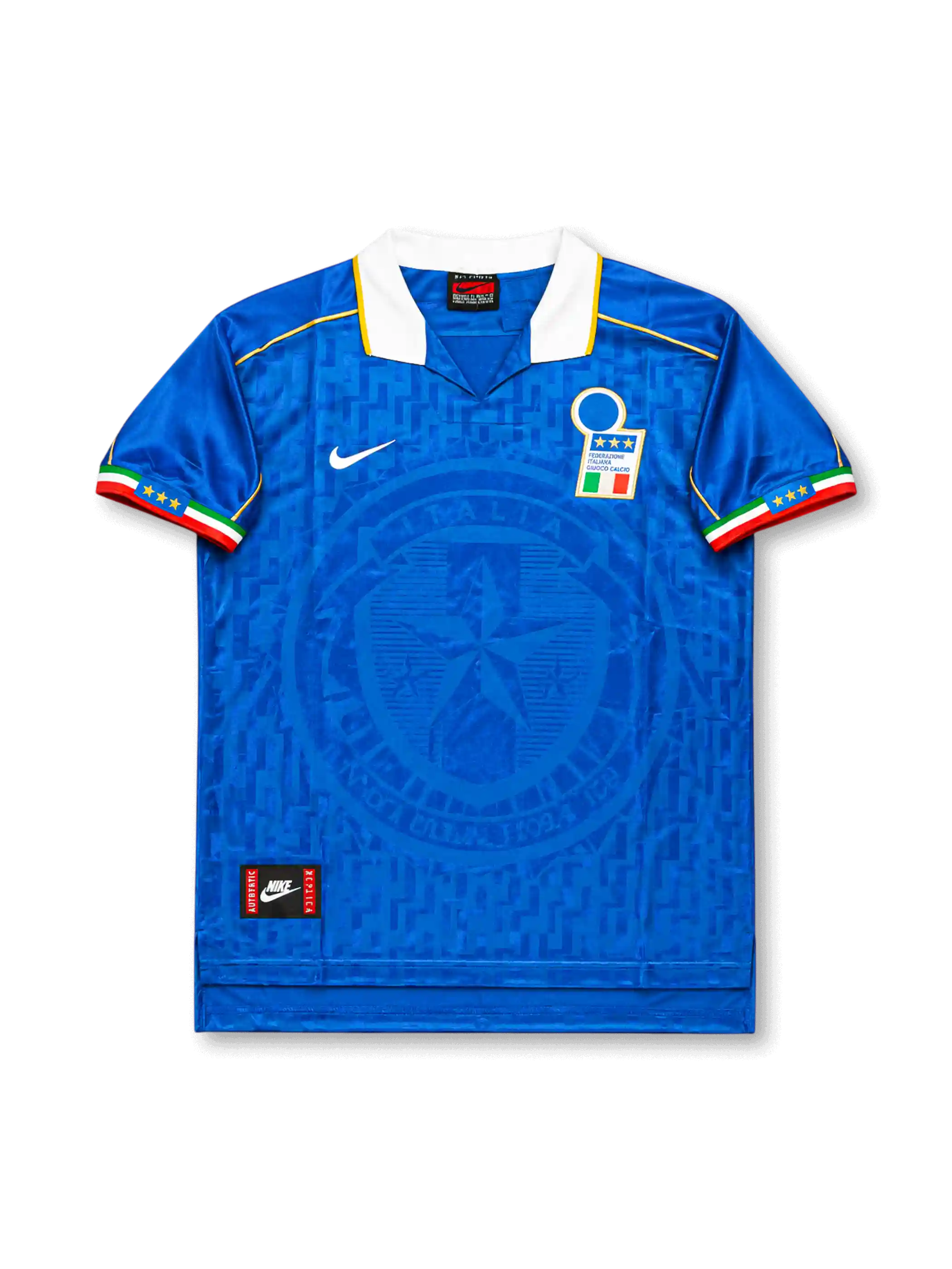 Front view of Italy 1995-96 home shirt with blue tonal geometric pattern, large subtle crest graphic, white collar, tricolor sleeve trim, and Italy crest.