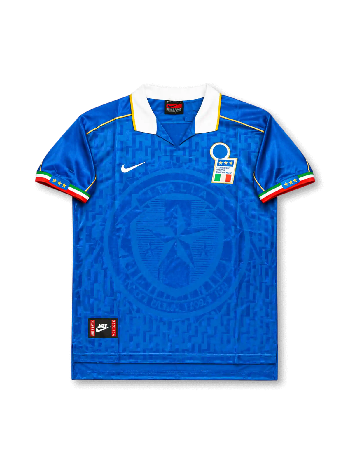 Front view of Italy 1995-96 home shirt with blue tonal geometric pattern, large subtle crest graphic, white collar, tricolor sleeve trim, and Italy crest.