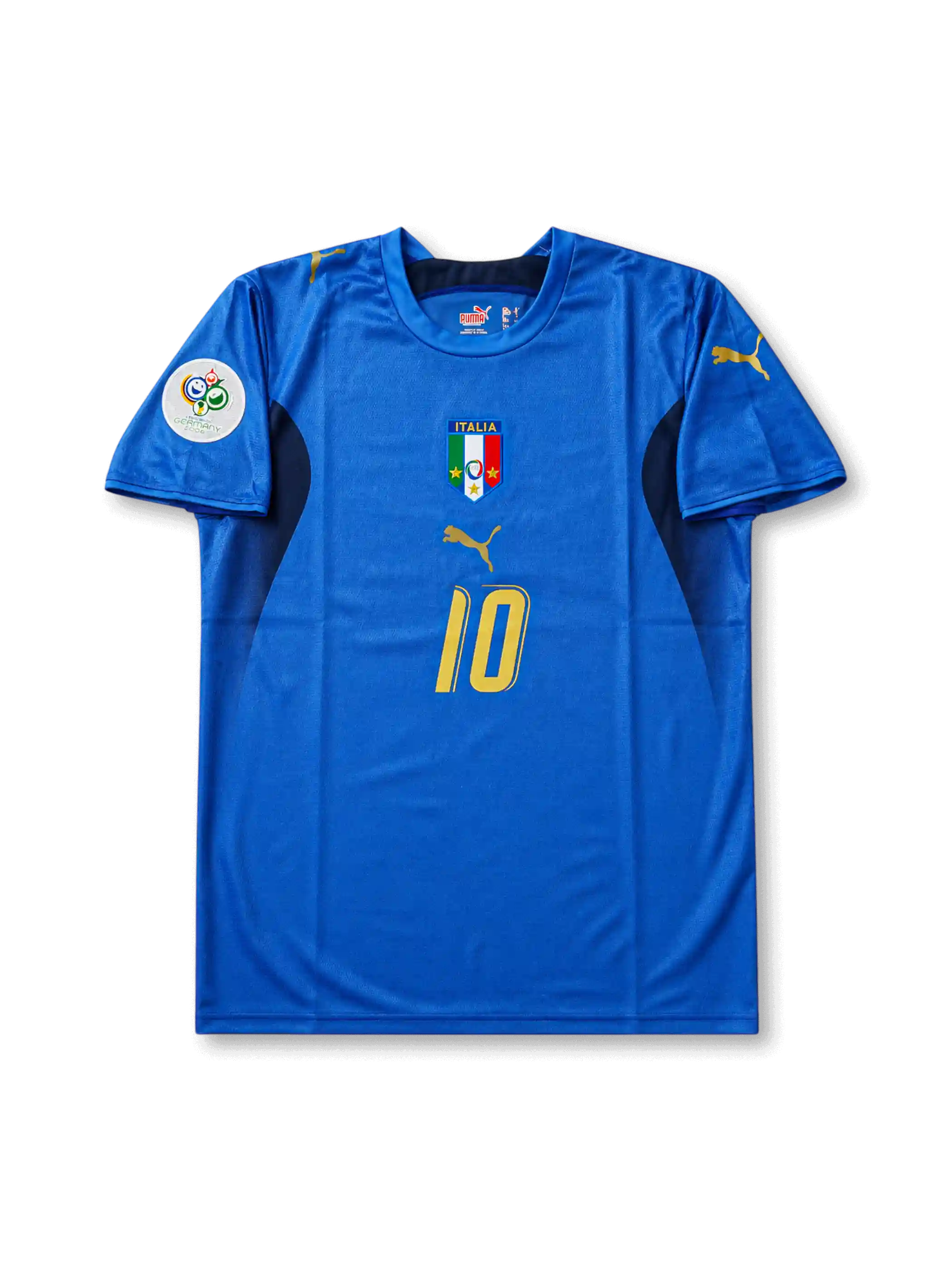 Front view of Italy 2006 World Cup home shirt with blue body, Italy crest, #10 gold chest number, dark side panels, and Germany 2006 sleeve patch.