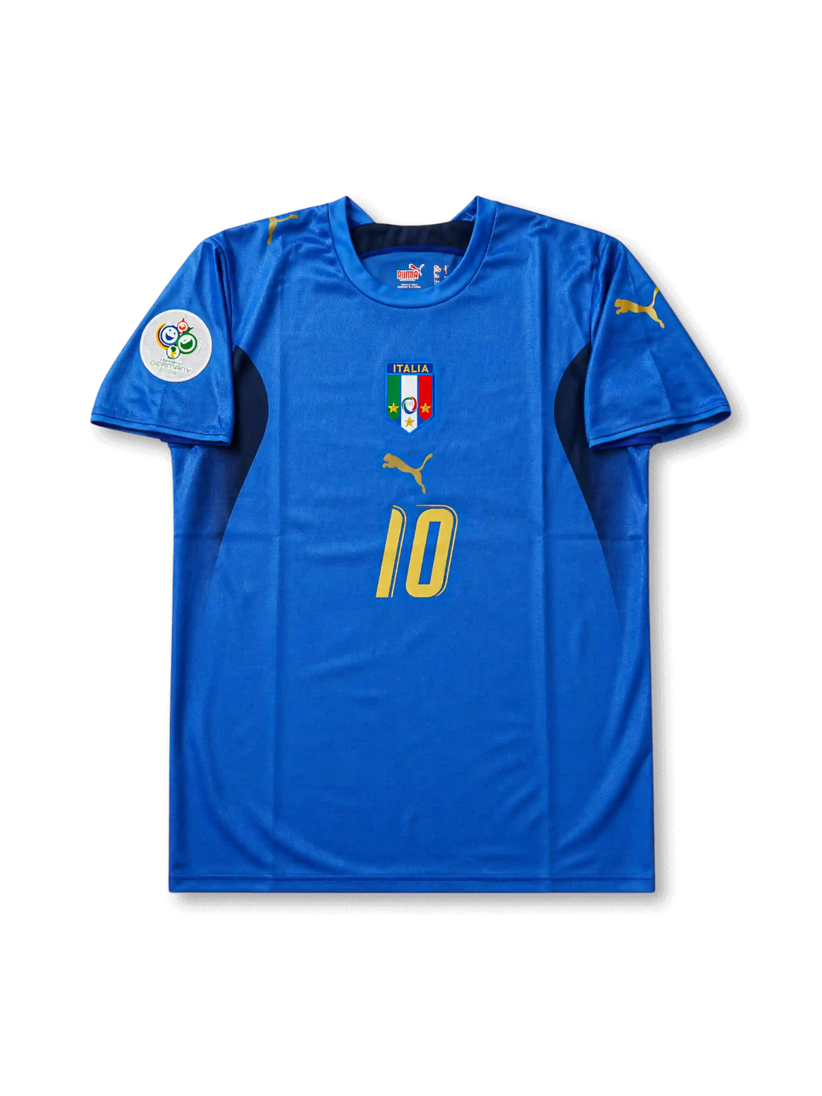 Front view of Italy 2006 World Cup home shirt with blue body, Italy crest, #10 gold chest number, dark side panels, and Germany 2006 sleeve patch.