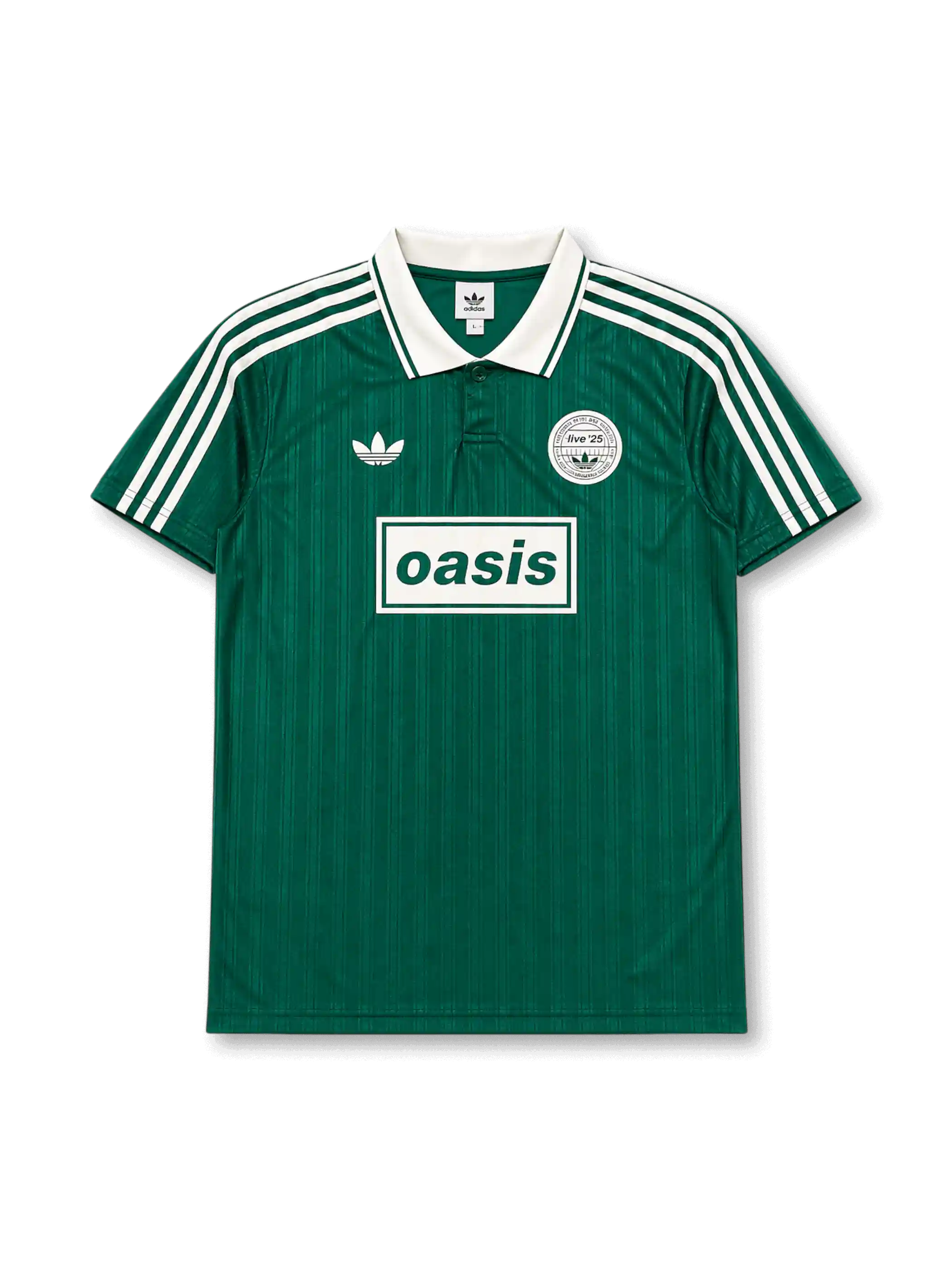 Front view of Oasis × adidas Originals Live ’25 green jersey with white polo collar, tonal vertical stripes, Oasis chest graphic, trefoil logo, and Live ’25 crest detail.