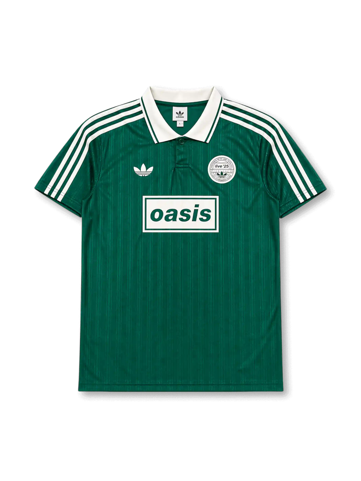 Front view of Oasis × adidas Originals Live ’25 green jersey with white polo collar, tonal vertical stripes, Oasis chest graphic, trefoil logo, and Live ’25 crest detail.