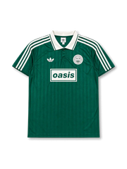 Front view of Oasis × adidas Originals Live ’25 green jersey with white polo collar, tonal vertical stripes, Oasis chest graphic, trefoil logo, and Live ’25 crest detail.