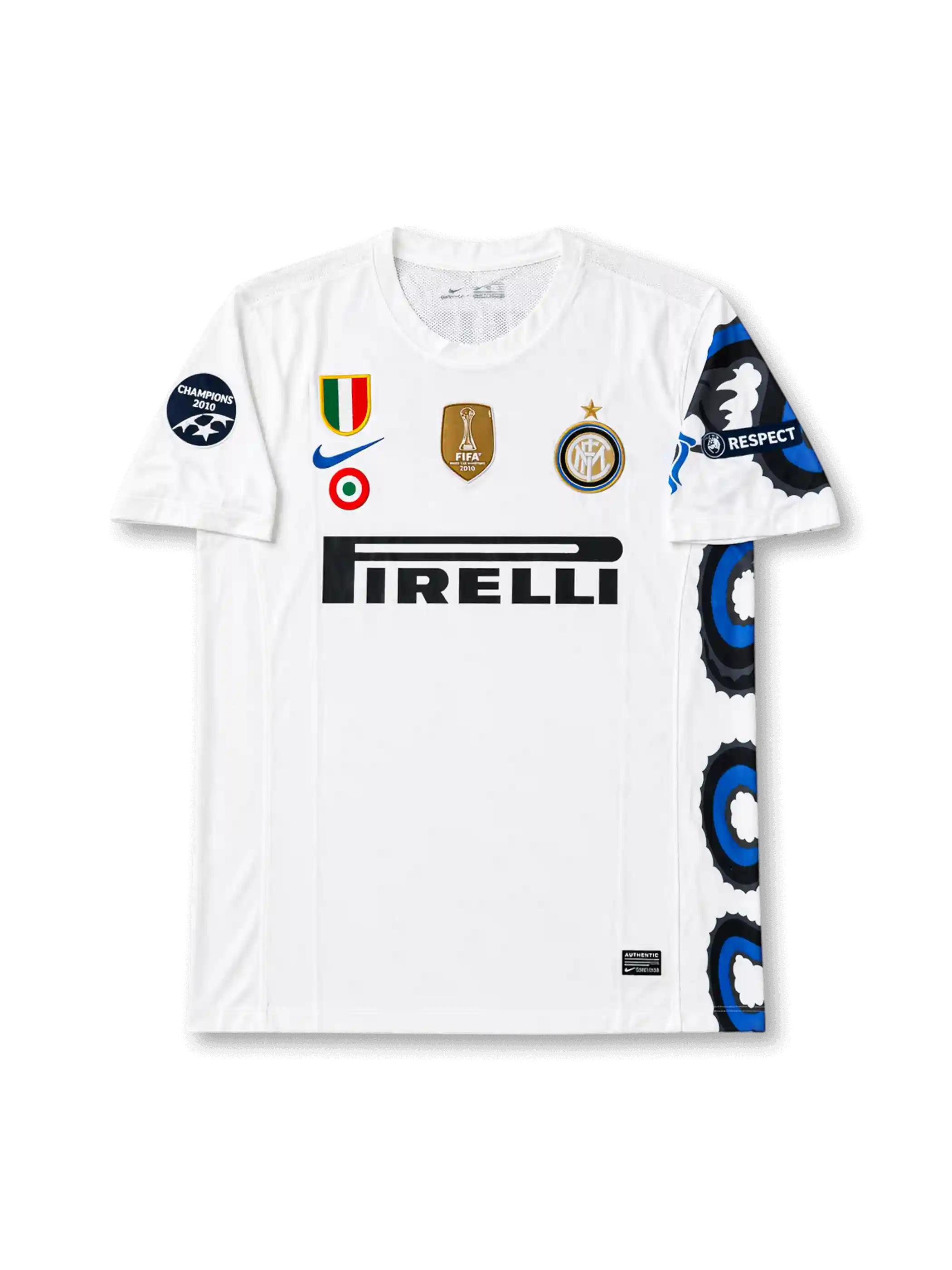 Front view of Inter Milan 2010-11 away shirt with white body, Pirelli sponsor, club crest, FIFA World Champions badge, Champions 2010 sleeve patch, and black-blue side graphic.