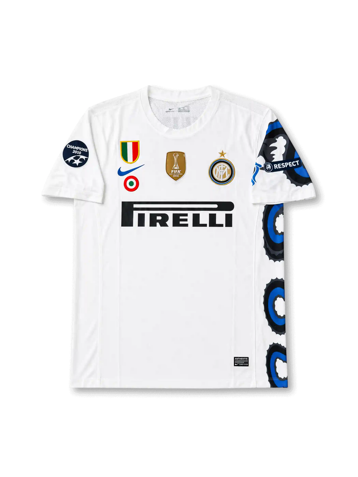 Front view of Inter Milan 2010-11 away shirt with white body, Pirelli sponsor, club crest, FIFA World Champions badge, Champions 2010 sleeve patch, and black-blue side graphic.