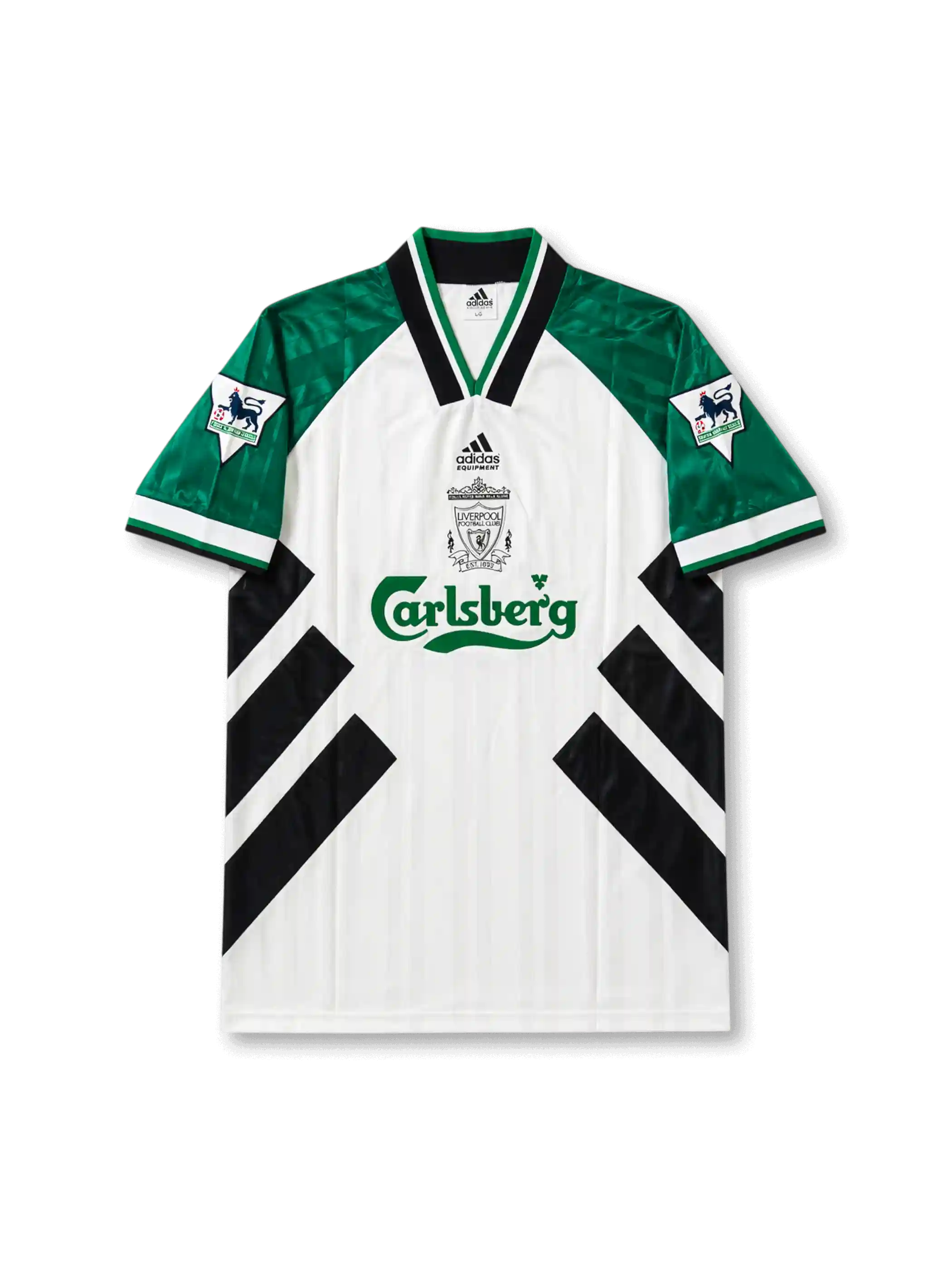 Front view of Liverpool 1993-95 away shirt with white body, green sleeves, black diagonal graphics, Carlsberg sponsor, club crest, and Premier League sleeve patches.