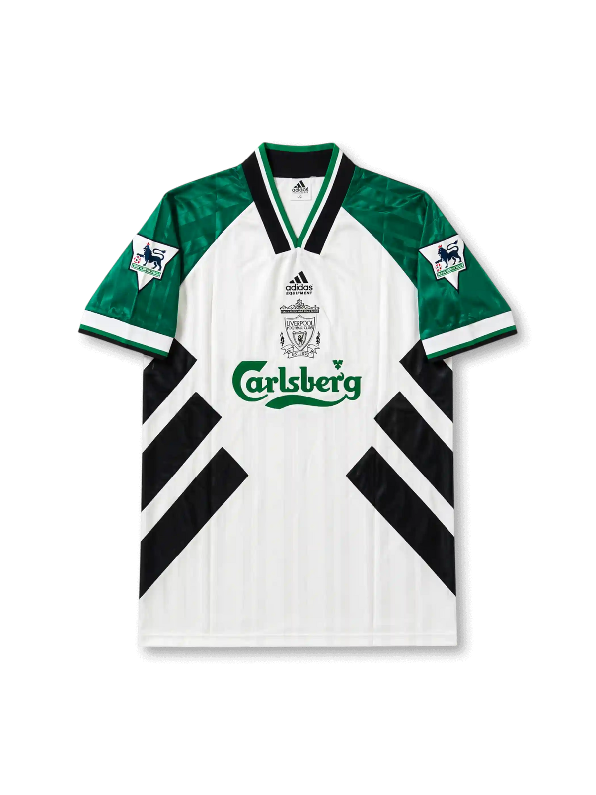 Front view of Liverpool 1993-95 away shirt with white body, green sleeves, black diagonal graphics, Carlsberg sponsor, club crest, and Premier League sleeve patches.