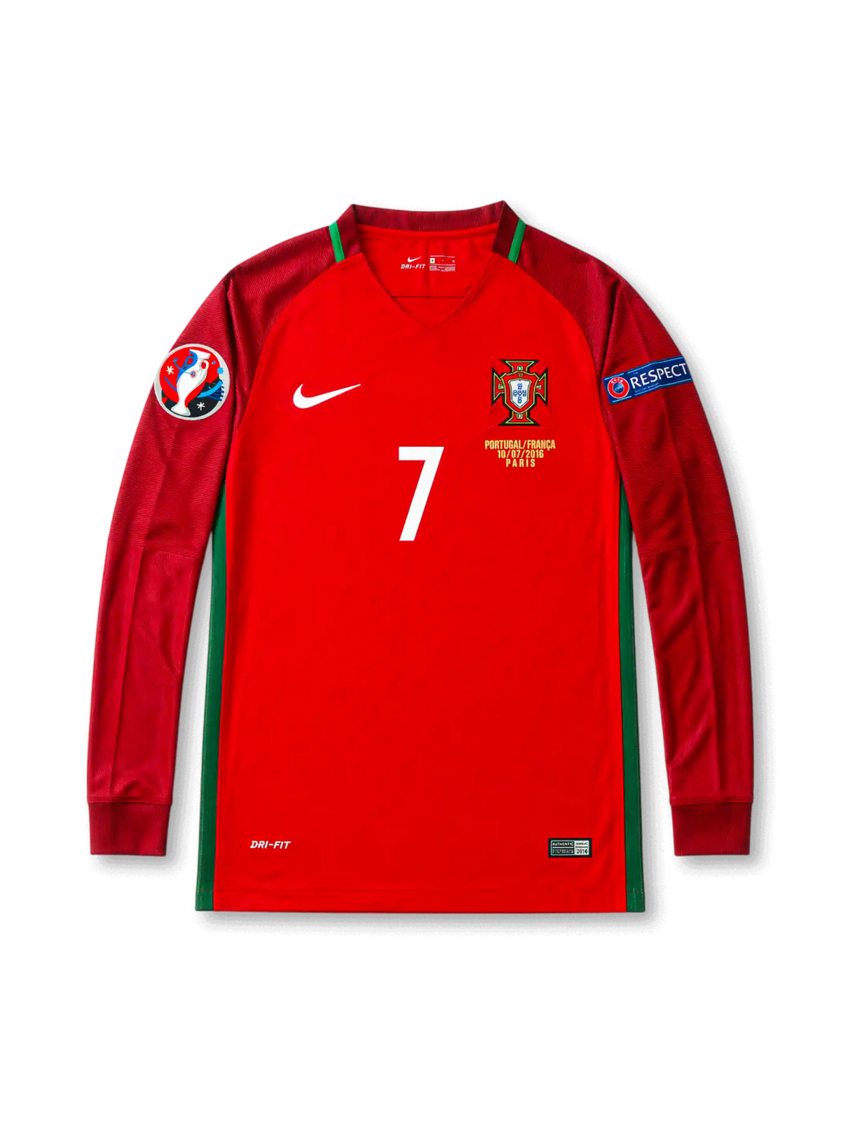 Front view of Portugal 2016 Euro Final home long sleeve shirt with red body, Portugal crest, #7 chest number, final match embroidery, UEFA Euro 2016 patch, and Respect sleeve patch.