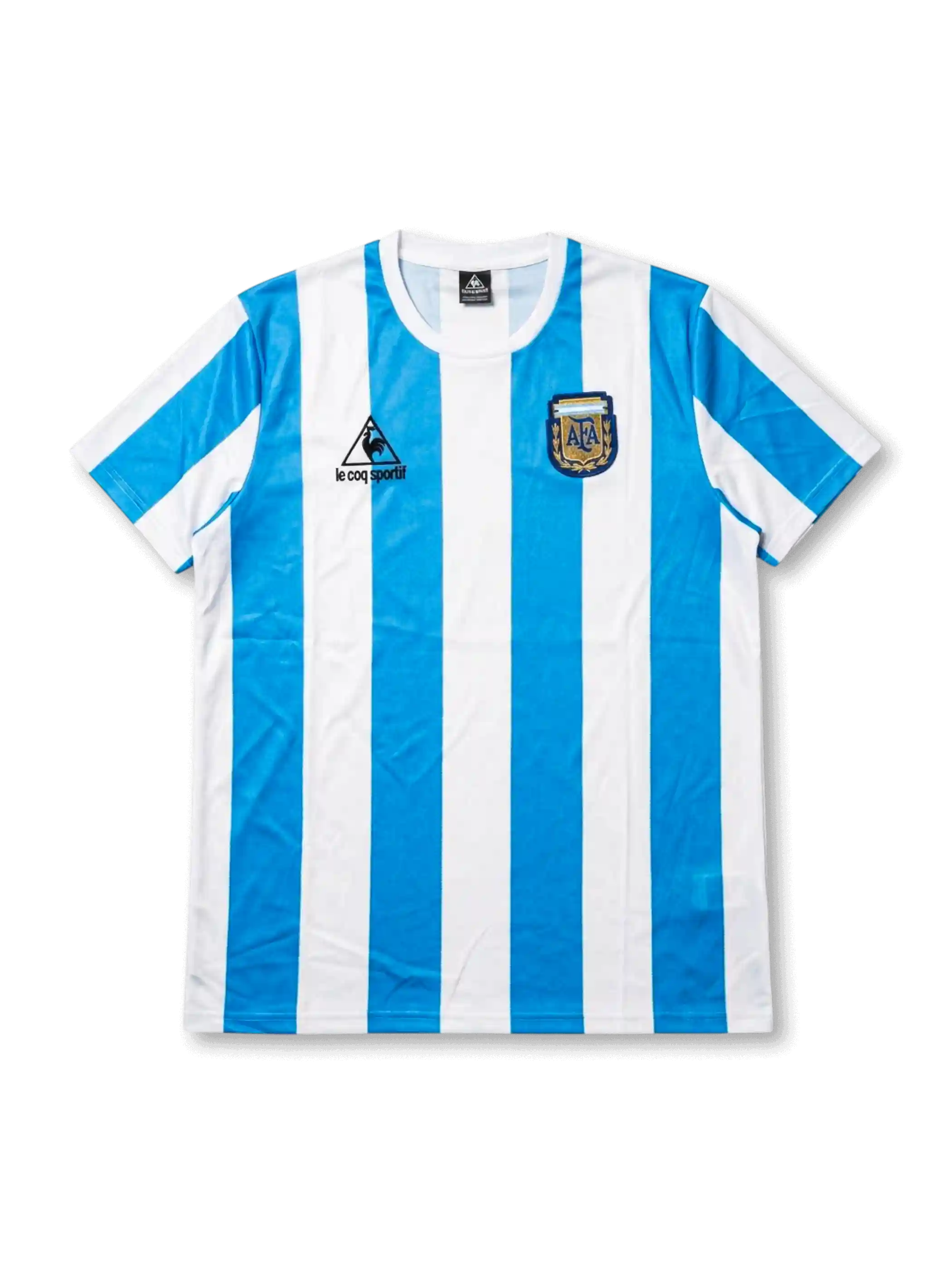 Front view of Argentina 1986 World Cup home shirt with sky-blue-and-white vertical stripes, Argentina crest, chest logo, and classic crew-neck collar.