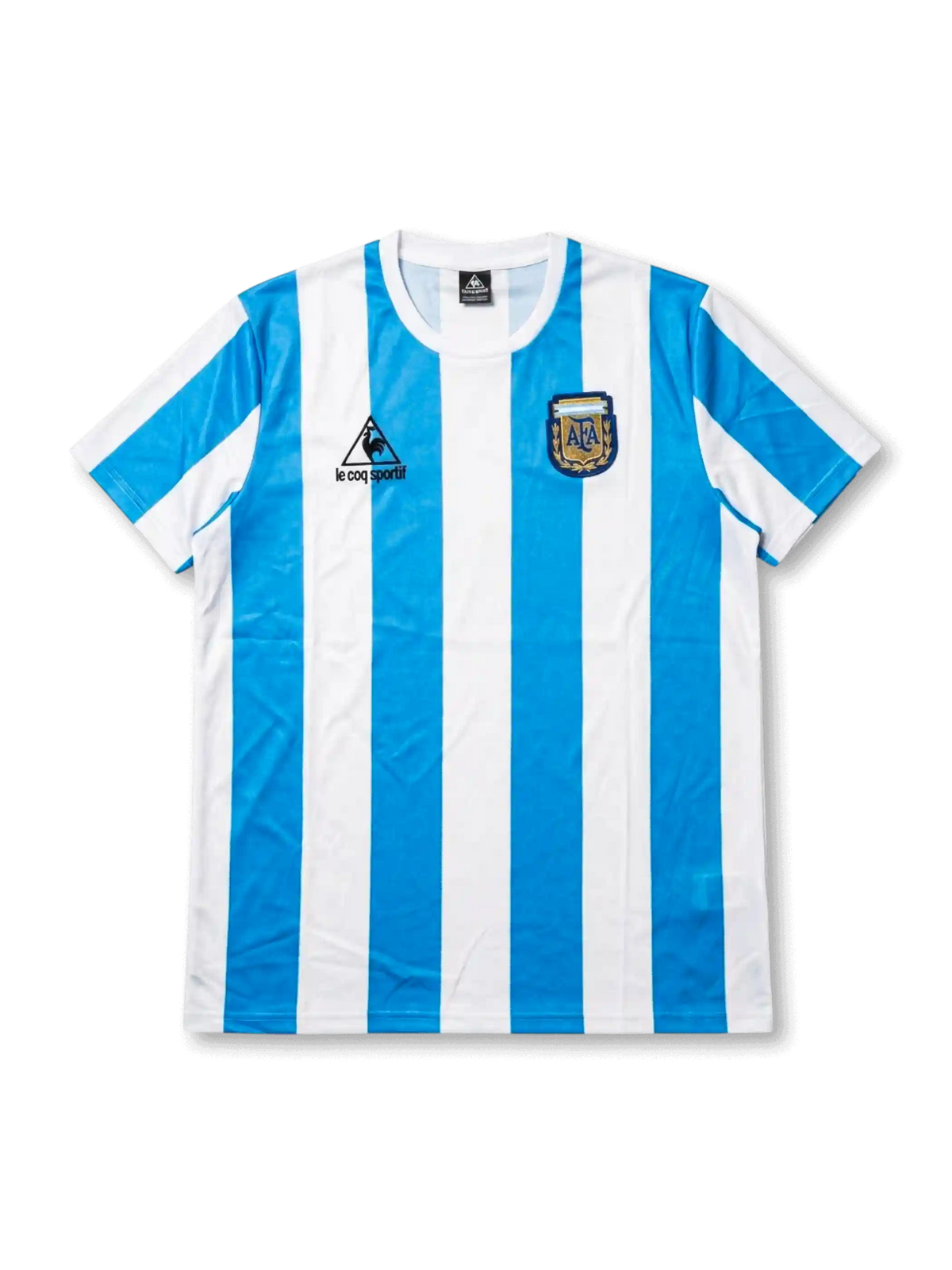 Front view of Argentina 1986 World Cup home shirt with sky-blue-and-white vertical stripes, Argentina crest, chest logo, and classic crew-neck collar.