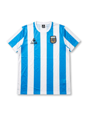 Front view of Argentina 1986 World Cup home shirt with sky-blue-and-white vertical stripes, Argentina crest, chest logo, and classic crew-neck collar.