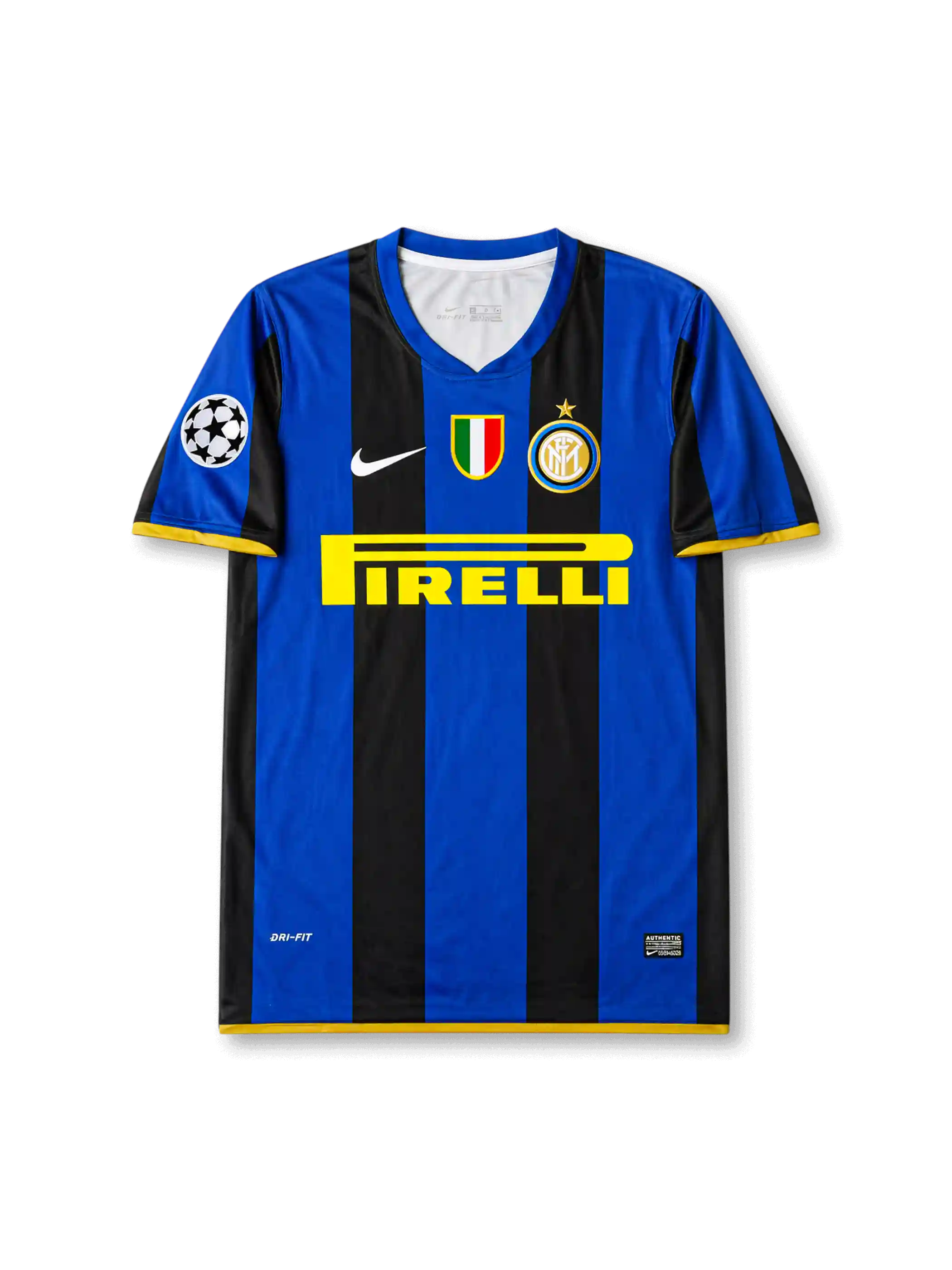 Front view of Inter Milan 2008-09 home shirt with black-and-blue stripes, Pirelli sponsor, Inter crest, Scudetto shield, yellow trim, and Champions League sleeve patch.