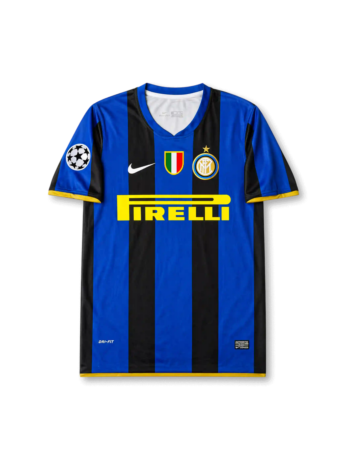 Front view of Inter Milan 2008-09 home shirt with black-and-blue stripes, Pirelli sponsor, Inter crest, Scudetto shield, yellow trim, and Champions League sleeve patch.