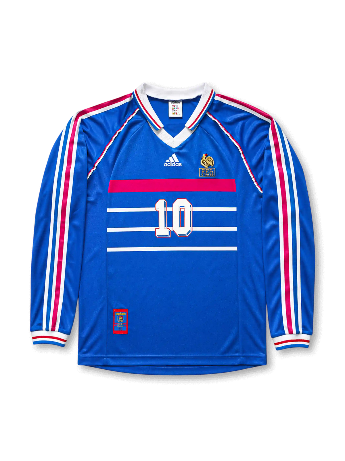 Front view of France 1998 World Cup home long sleeve shirt with blue body, France crest, #10 chest number, white and red chest stripes, and tricolor sleeve detailing.
