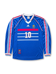 Front view of France 1998 World Cup home long sleeve shirt with blue body, France crest, #10 chest number, white and red chest stripes, and tricolor sleeve detailing.