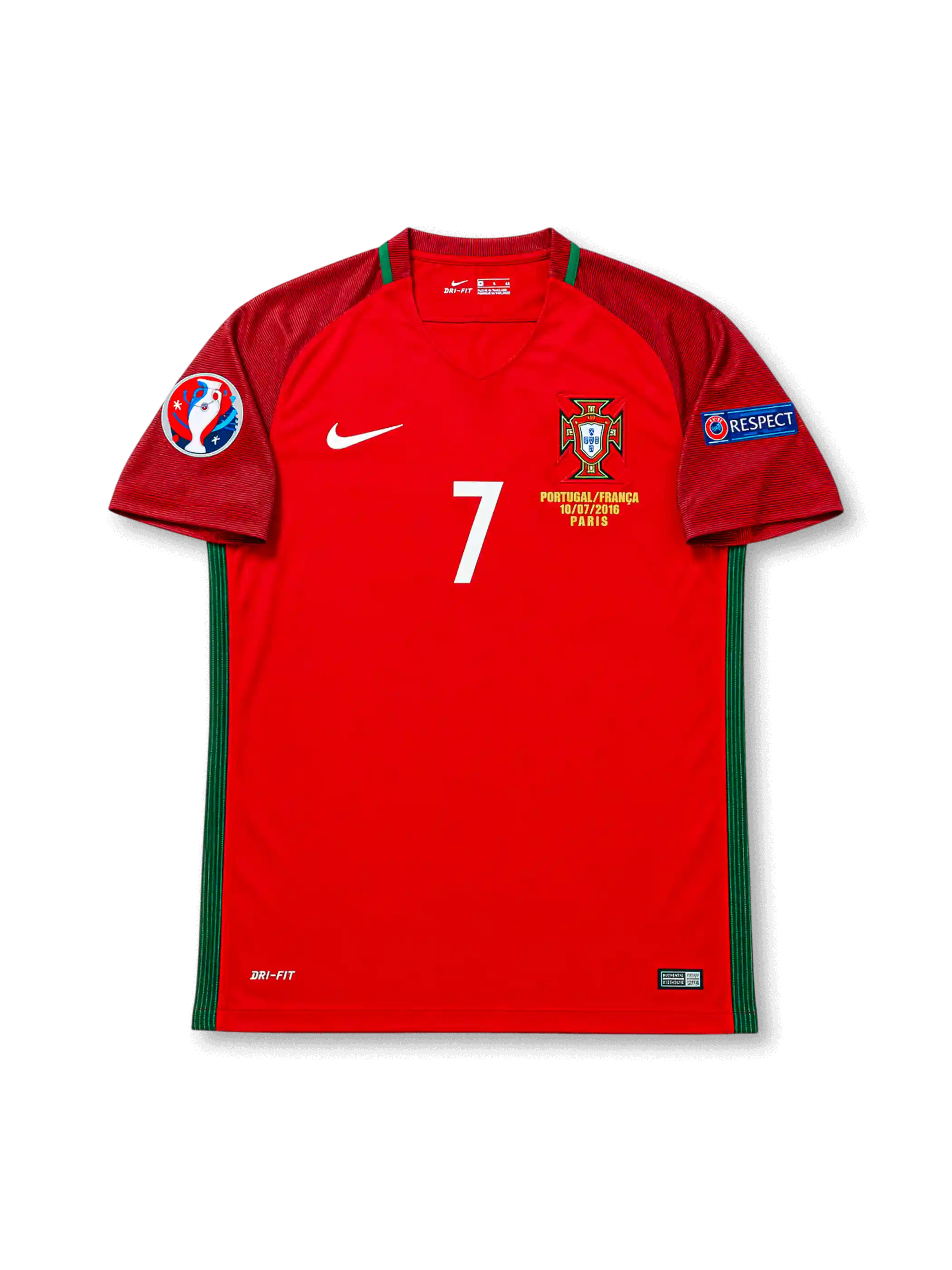 Front view of Portugal 2016 Euro Final home shirt with red body, Portugal crest, #7 chest number, Paris final embroidery, UEFA Euro 2016 patch, and Respect sleeve patch.