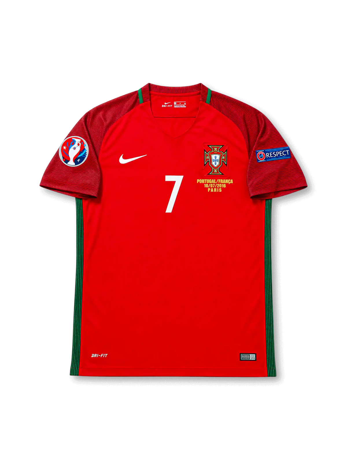 Front view of Portugal 2016 Euro Final home shirt with red body, Portugal crest, #7 chest number, Paris final embroidery, UEFA Euro 2016 patch, and Respect sleeve patch.