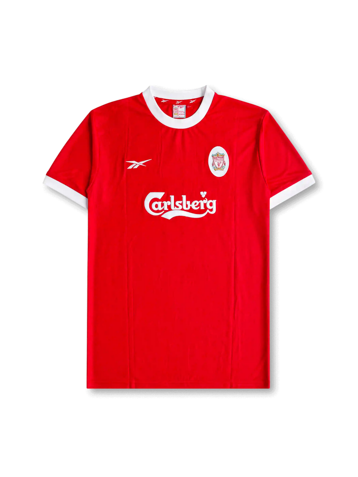 Front view of Liverpool 1998-2000 home shirt with red body, white crew-neck collar, white sleeve trim, Carlsberg sponsor, and Liverpool crest.