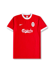 Front view of Liverpool 1998-2000 home shirt with red body, white crew-neck collar, white sleeve trim, Carlsberg sponsor, and Liverpool crest.