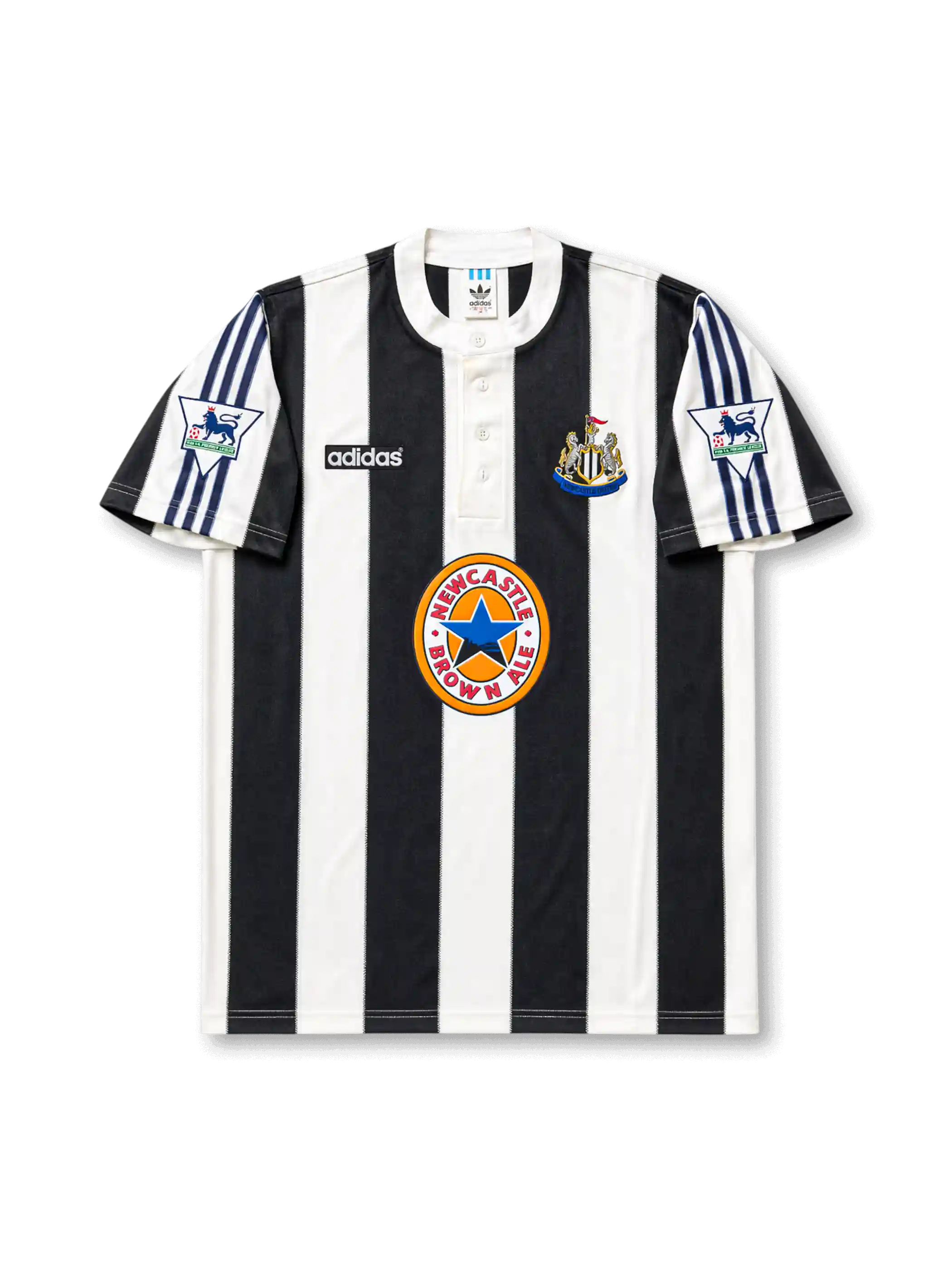 Front view of Newcastle United 1995-97 home shirt with black-and-white stripes, Newcastle Brown Ale sponsor, club crest, buttoned collar, and Premier League sleeve patches.