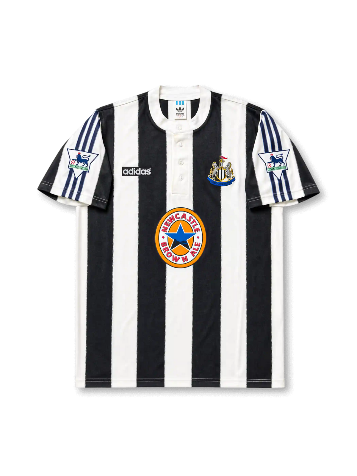 Front view of Newcastle United 1995-97 home shirt with black-and-white stripes, Newcastle Brown Ale sponsor, club crest, buttoned collar, and Premier League sleeve patches.
