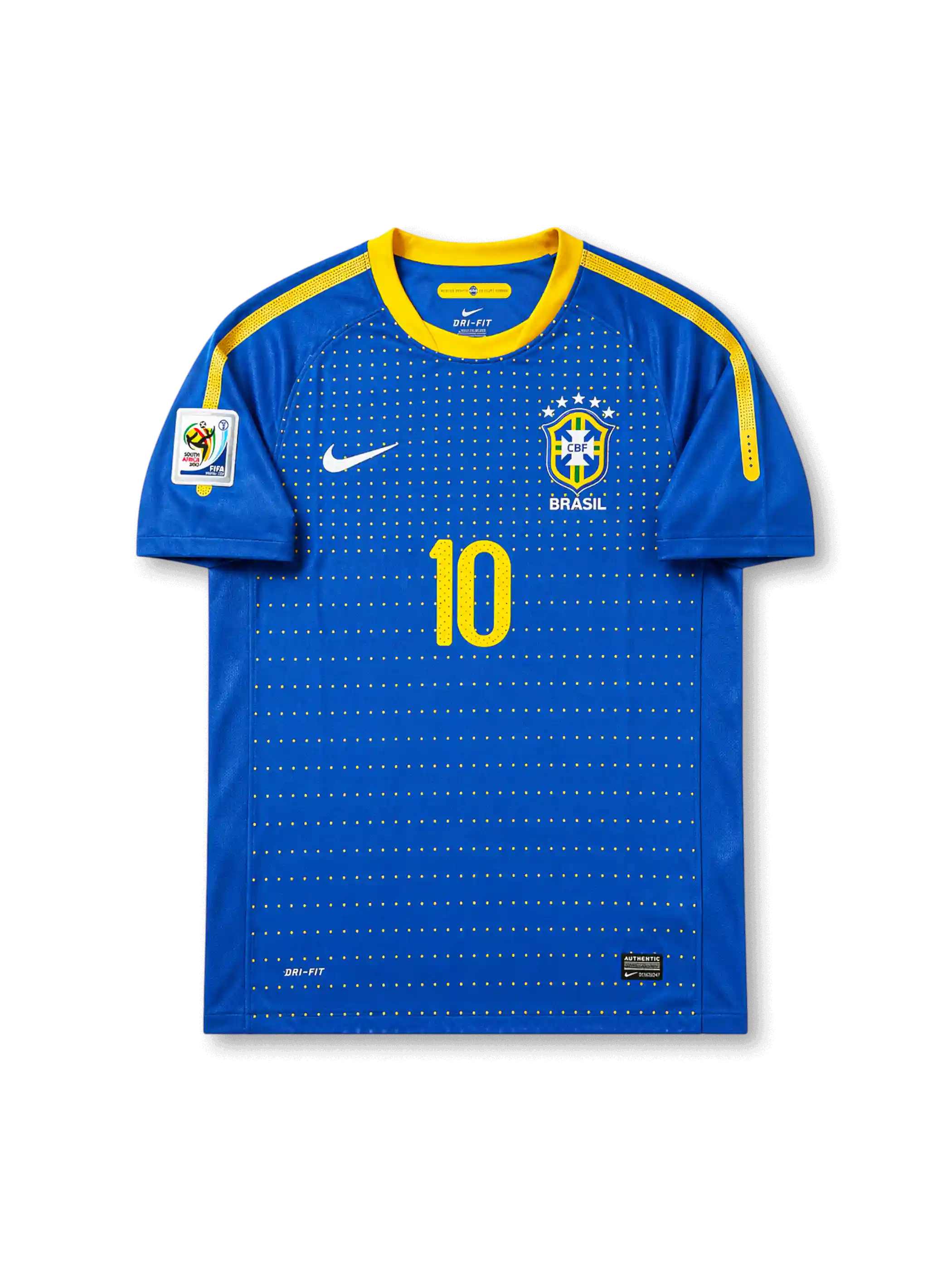 Front view of Brazil 2010 World Cup away shirt with blue body, yellow collar trim, Brazil crest, #10 chest number, dotted front graphic, and South Africa 2010 sleeve patch.
