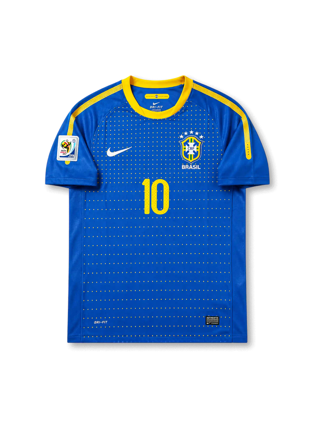 Front view of Brazil 2010 World Cup away shirt with blue body, yellow collar trim, Brazil crest, #10 chest number, dotted front graphic, and South Africa 2010 sleeve patch.