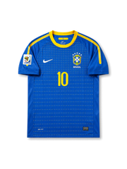 Front view of Brazil 2010 World Cup away shirt with blue body, yellow collar trim, Brazil crest, #10 chest number, dotted front graphic, and South Africa 2010 sleeve patch.