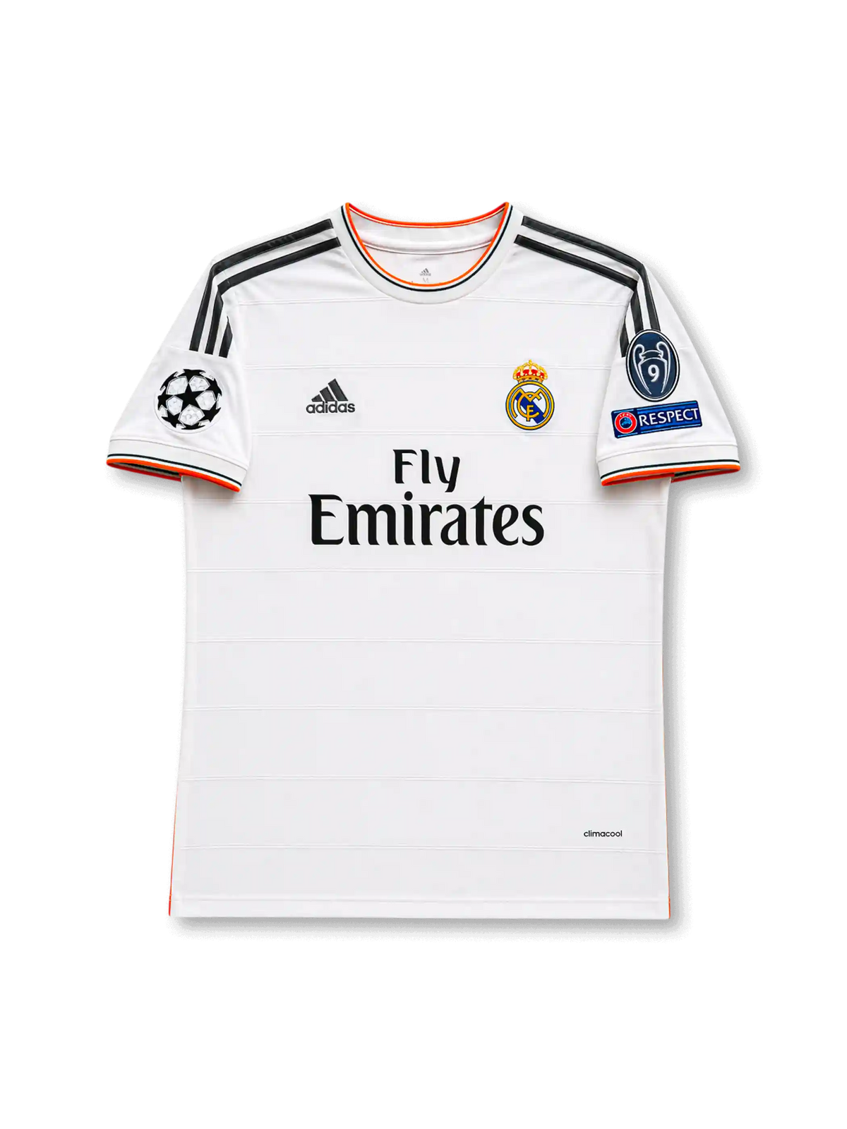 Front view of Real Madrid 2013-14 home shirt with white body, Fly Emirates sponsor, Real Madrid crest, grey shoulder stripes, orange trim, and UEFA Champions League sleeve patches.