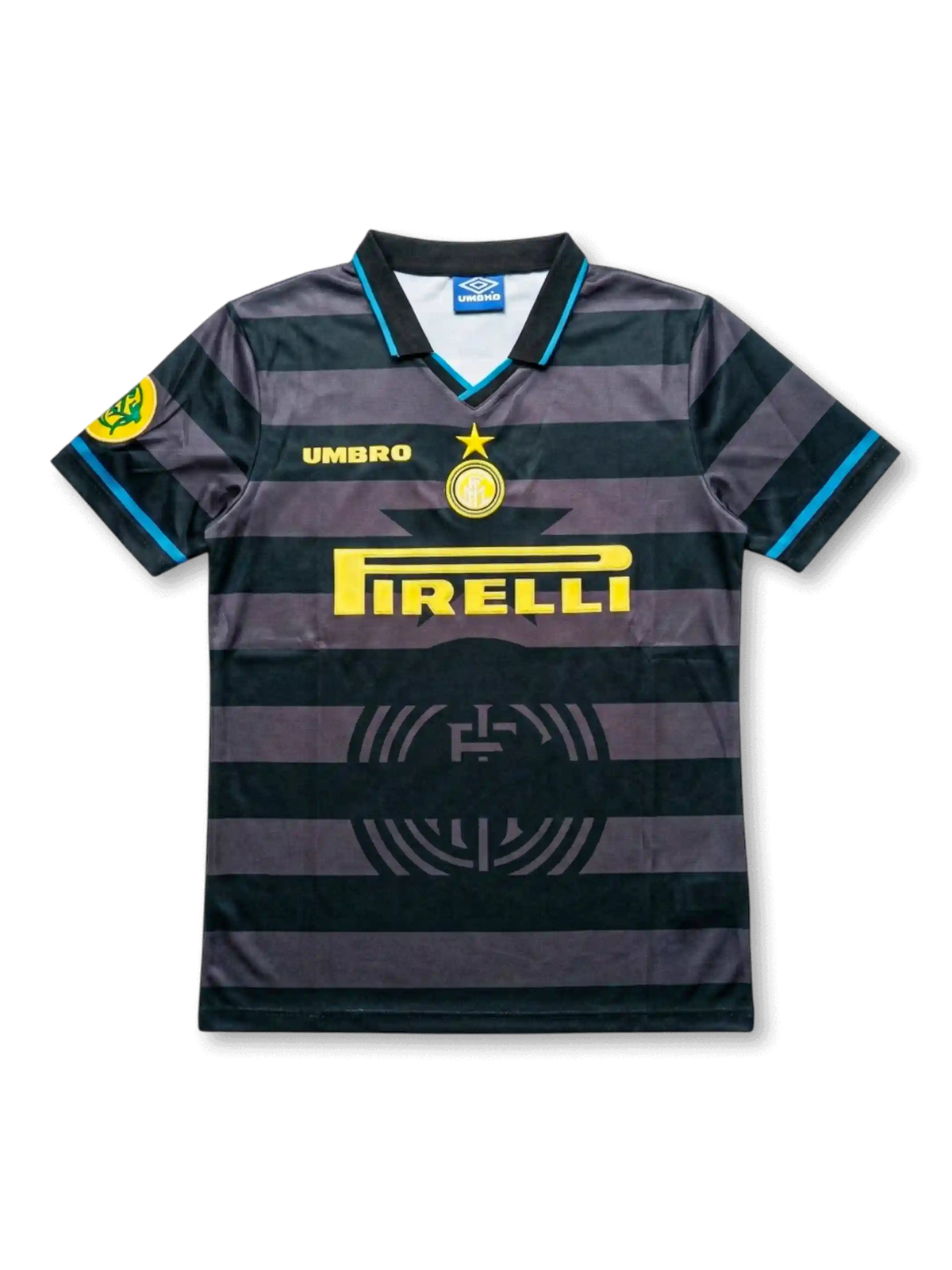 Front view of Inter Milan 1997-98 third shirt with black and charcoal hoops, yellow Pirelli sponsor, Inter crest, Umbro logo, aqua trim, and fold-over collar.