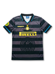 Front view of Inter Milan 1997-98 third shirt with black and charcoal hoops, yellow Pirelli sponsor, Inter crest, Umbro logo, aqua trim, and fold-over collar.