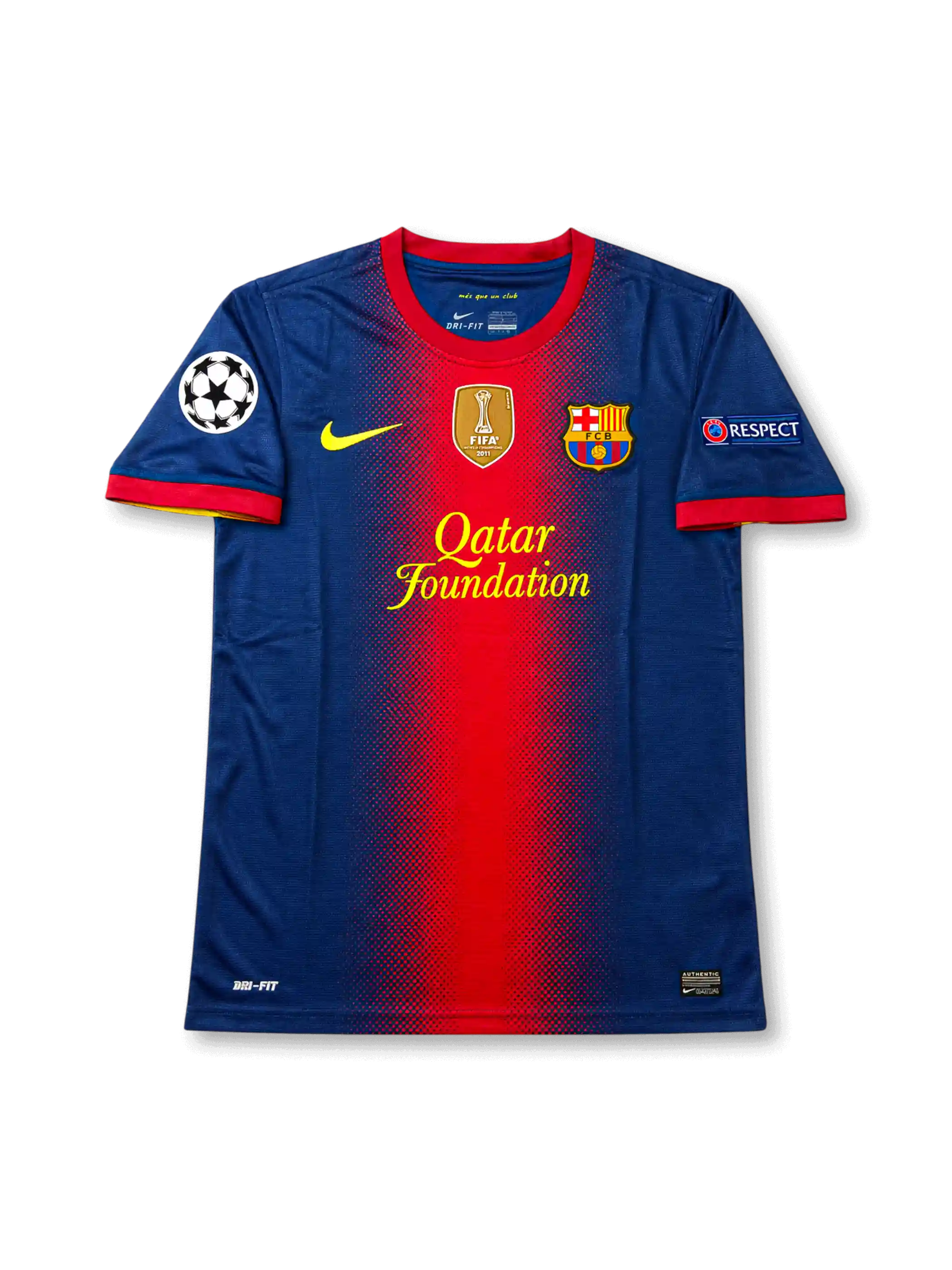 Front view of Barcelona 2011-12 home Authentic (Player Issue) shirt with navy body, red center stripe, Qatar Foundation sponsor, Barcelona crest, FIFA Club World Champions badge, and Champions League sleeve patches.