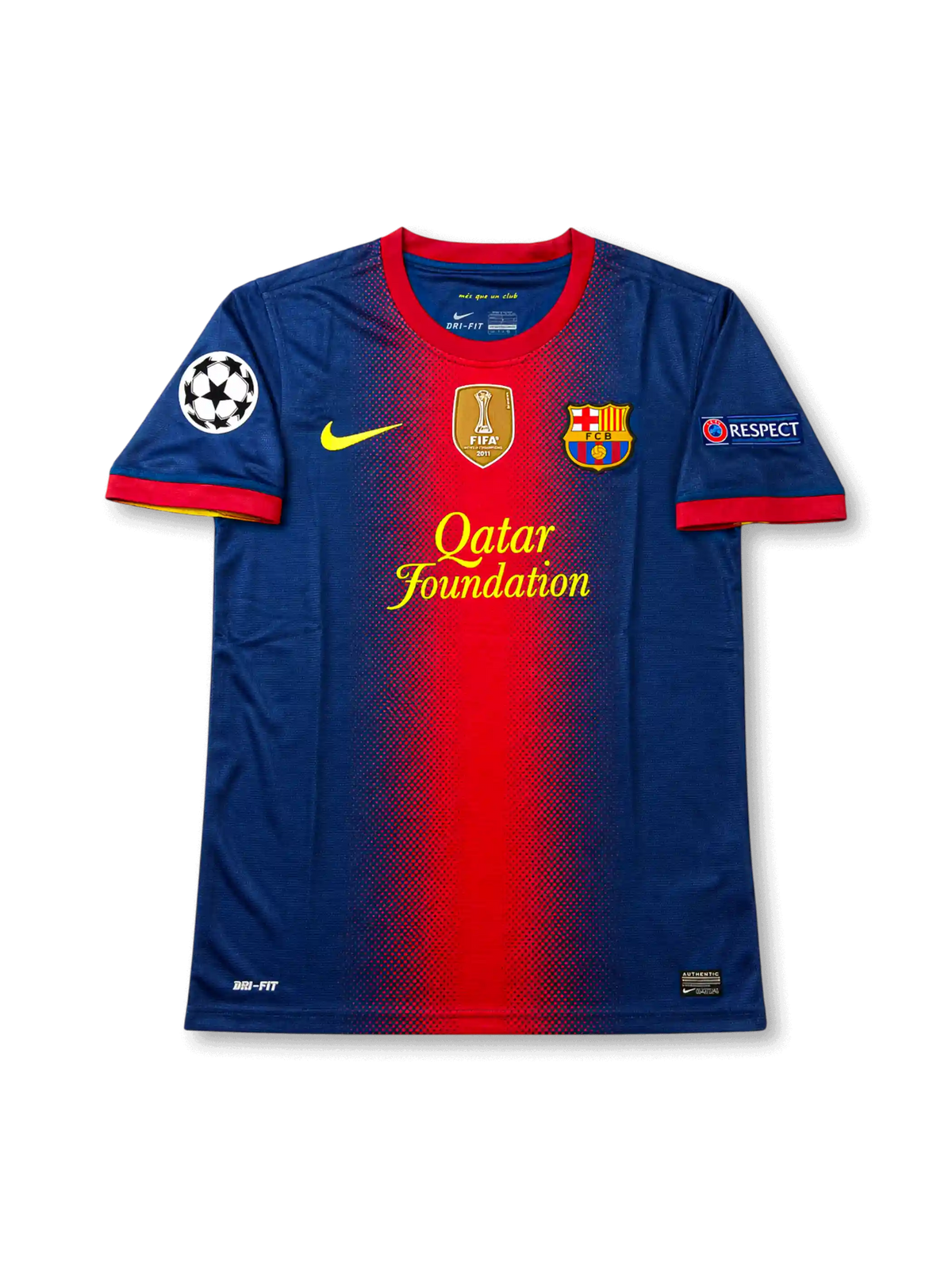 Front view of Barcelona 2011-12 home Authentic (Player Issue) shirt with navy body, red center stripe, Qatar Foundation sponsor, Barcelona crest, FIFA Club World Champions badge, and Champions League sleeve patches.