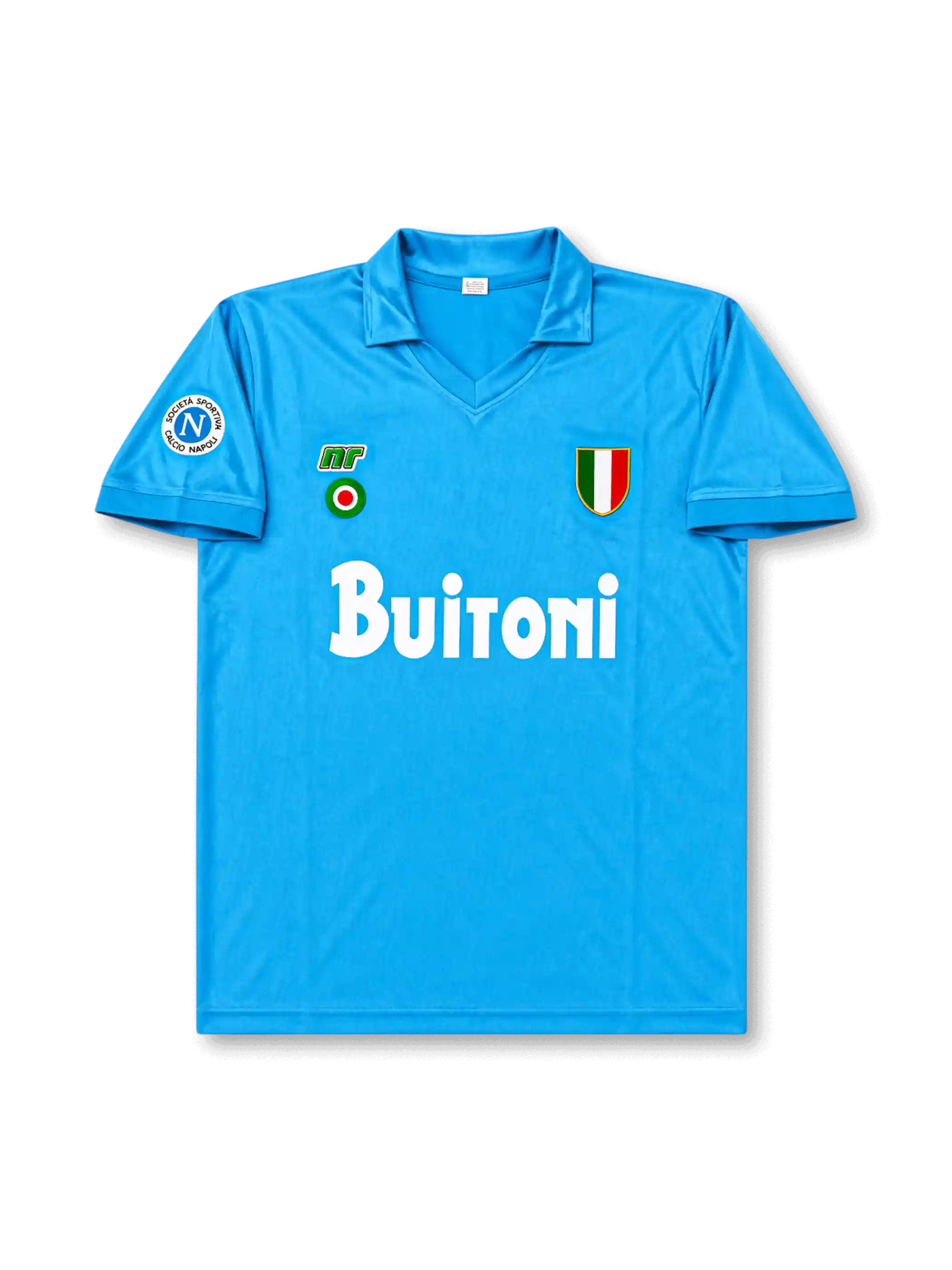 Front view of Napoli 1987-88 home shirt with sky-blue body, Buitoni sponsor, Scudetto shield, Napoli sleeve patch, and fold-over collar.