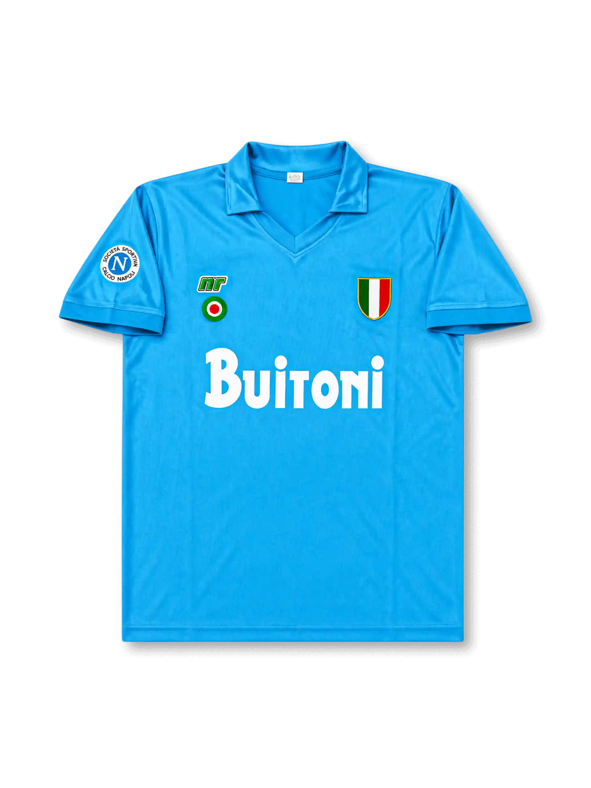 Front view of Napoli 1987-88 home shirt with sky-blue body, Buitoni sponsor, Scudetto shield, Napoli sleeve patch, and fold-over collar.