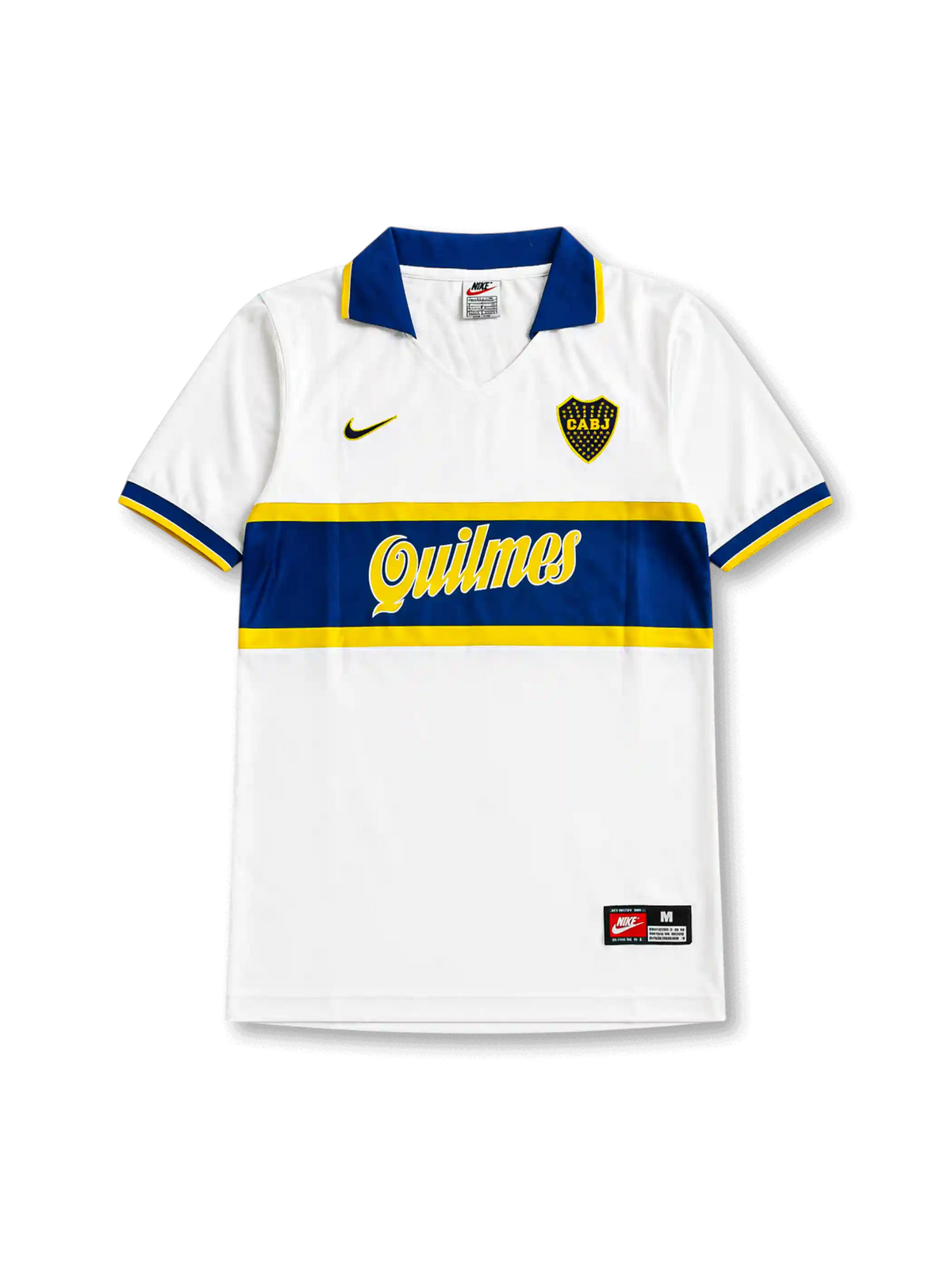 Front view of Boca Juniors 1996-97 away shirt with white body, blue and yellow chest band, Quilmes sponsor, Boca Juniors crest, and blue collar.