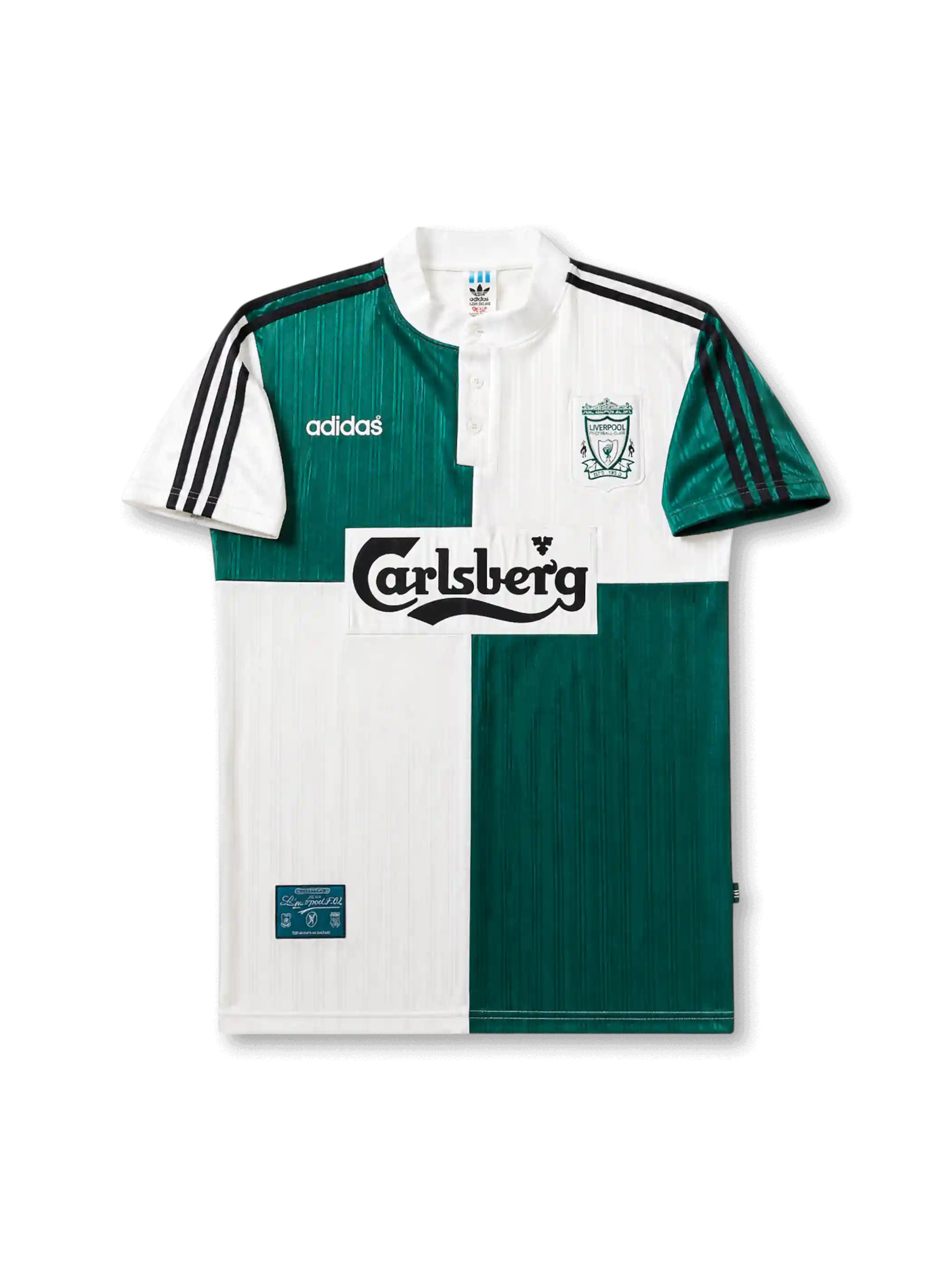 Front view of Liverpool 1995-96 away shirt with green-and-white quartered body, Carlsberg sponsor, Liverpool crest, buttoned collar, and black shoulder stripes.