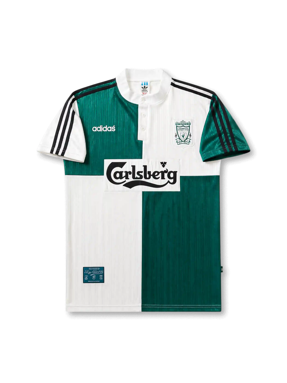 Front view of Liverpool 1995-96 away shirt with green-and-white quartered body, Carlsberg sponsor, Liverpool crest, buttoned collar, and black shoulder stripes.