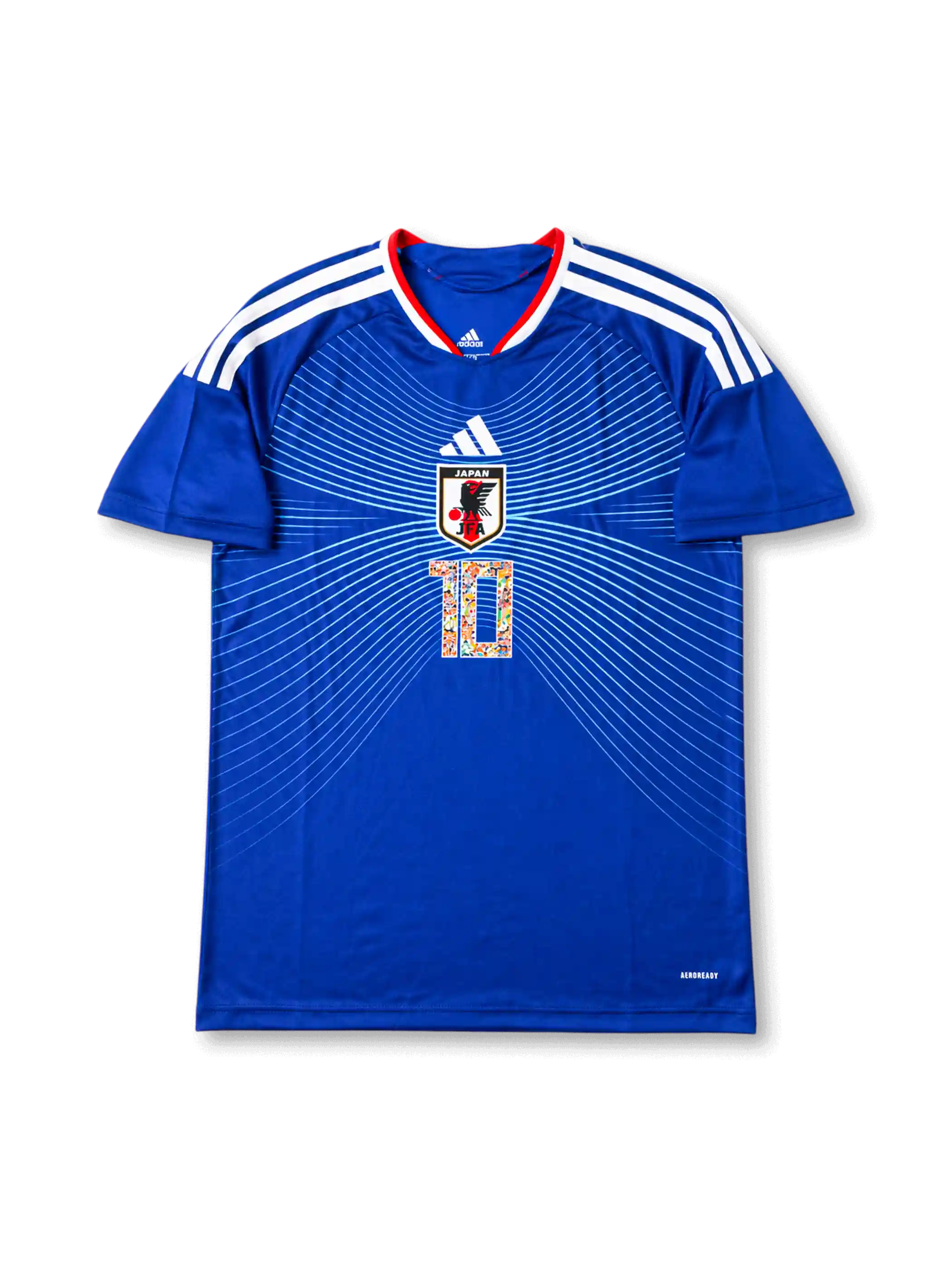 Front view of Japan 2006 Captain Tsubasa home shirt with blue body, Japan crest, white line graphics, #10 manga-style chest number, and red collar trim.