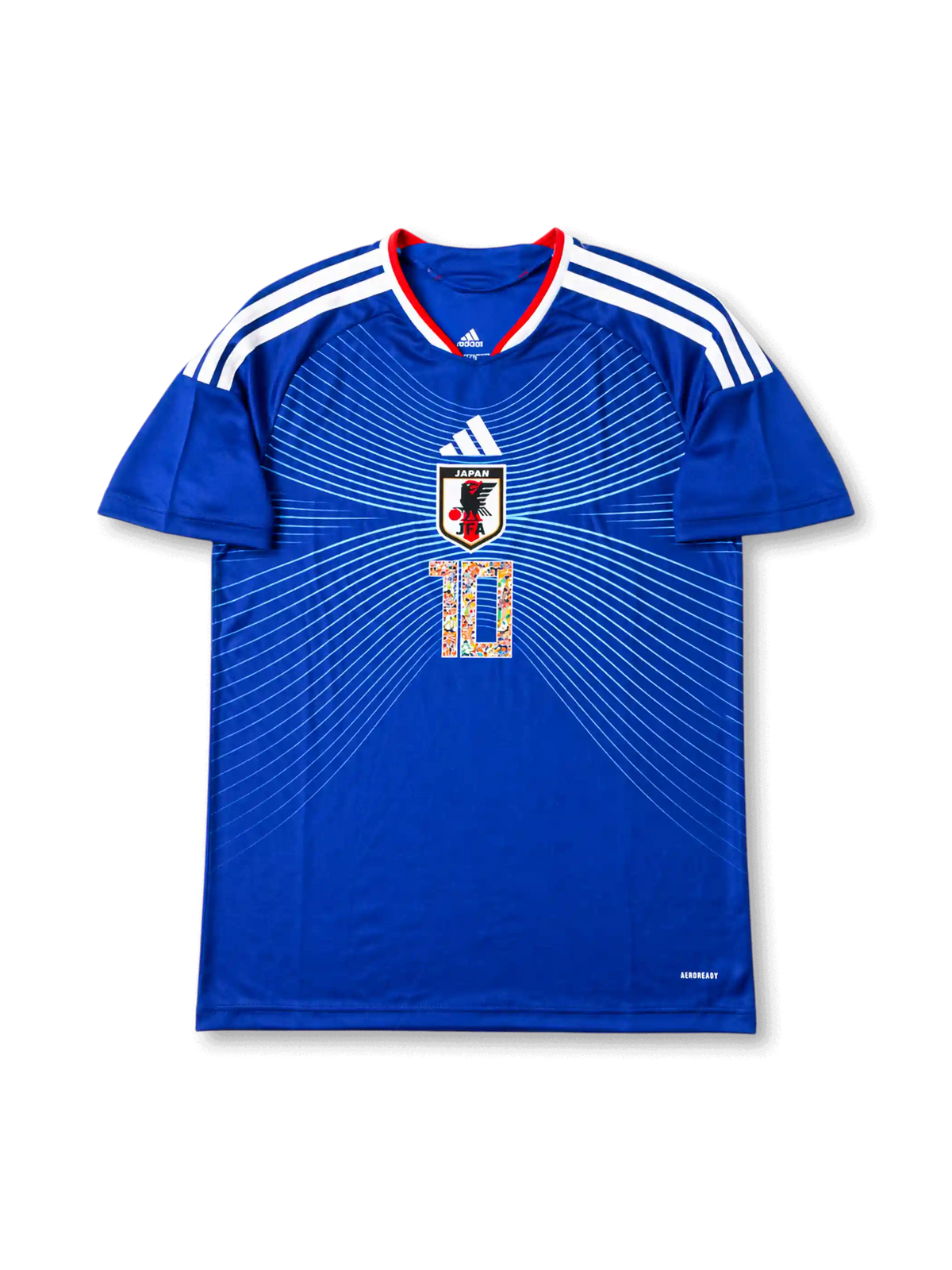 Front view of Japan 2006 Captain Tsubasa home shirt with blue body, Japan crest, white line graphics, #10 manga-style chest number, and red collar trim.