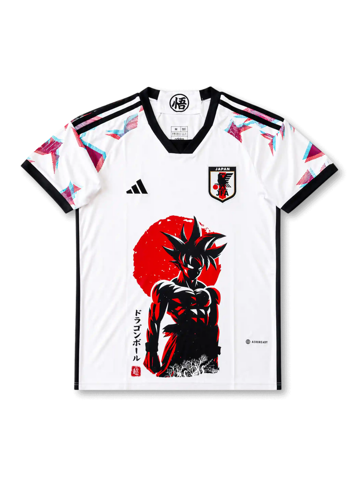 Front view of Japan Dragon Ball special edition shirt with white body, JFA crest, black trim, shoulder graphics, red sun artwork, and anime character print.