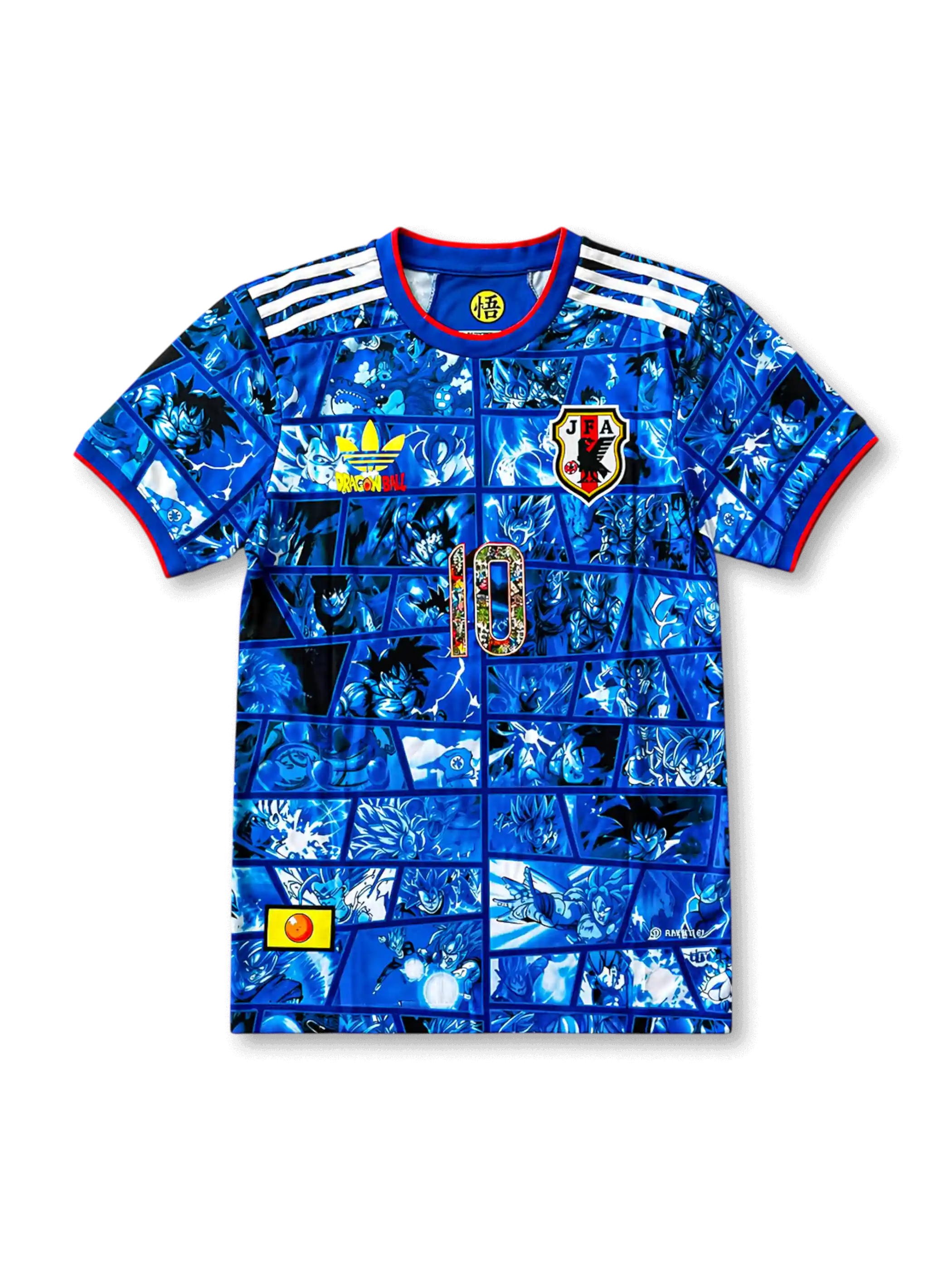 Front view of Japan × Dragon Ball special edition shirt with blue manga panel graphics, Japan crest, Dragon Ball detail, white shoulder stripes, and #10 illustrated chest number.