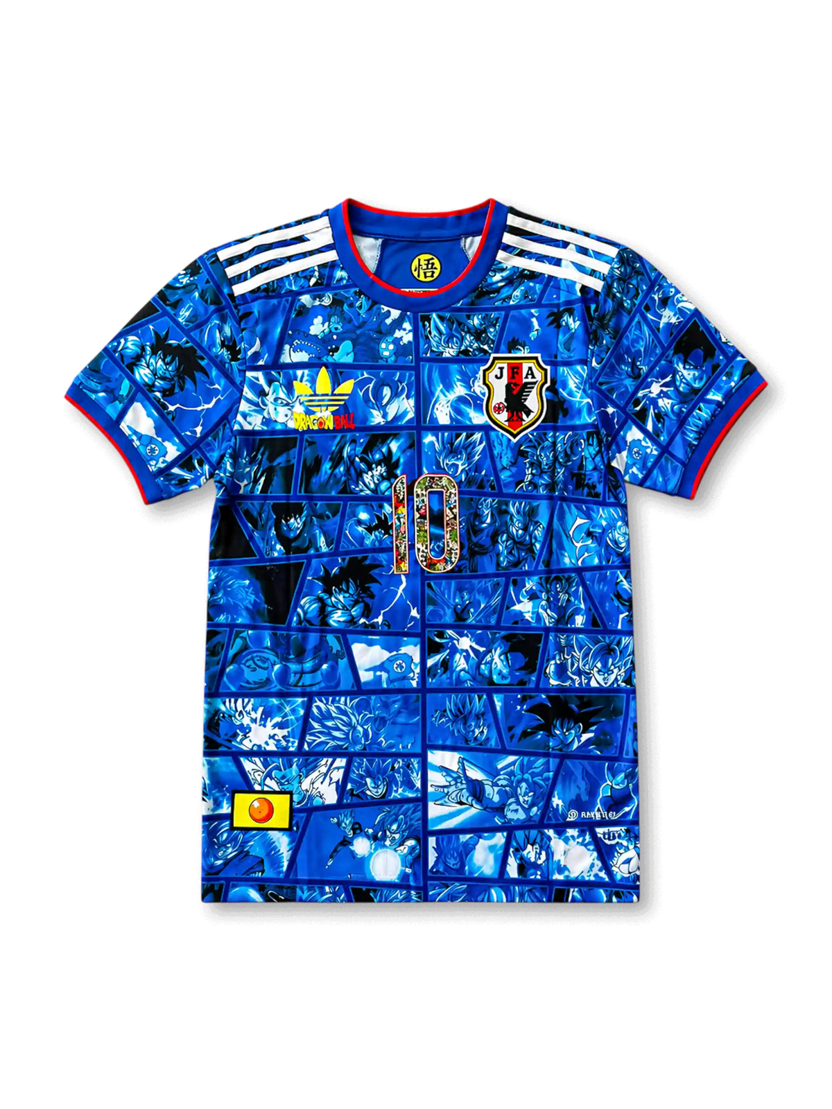 Front view of Japan × Dragon Ball special edition shirt with blue manga panel graphics, Japan crest, Dragon Ball detail, white shoulder stripes, and #10 illustrated chest number.
